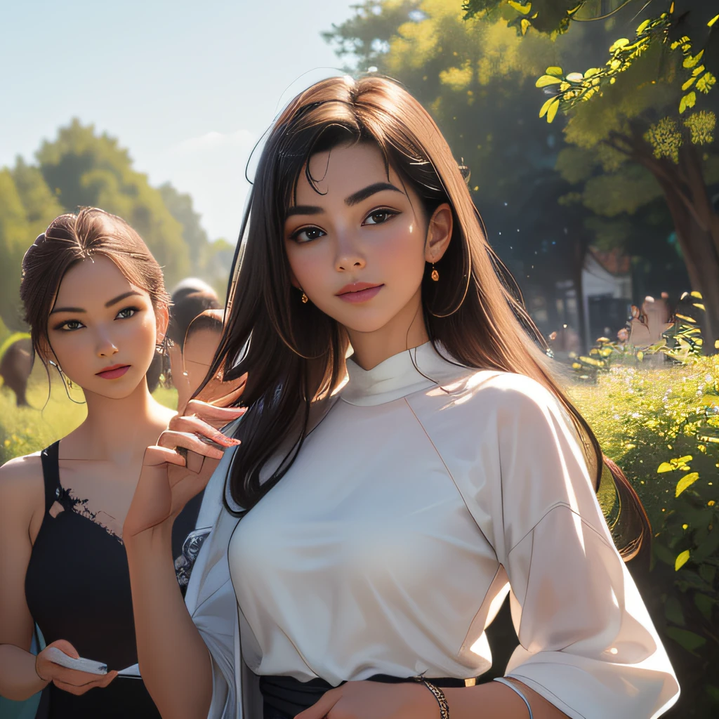 (Extremely detailed 8k wallpaper:2), (photo:2), (24 years old soigne Beautiful girl:2), (gives a lecture to friends:2), detailed (Face and eyes), (hyper realistic:1), (highly detailed:1), (epic realistic:1), rim light, (maximum details:1), cozy, (fullbody:1.3), (looking at viewer:2.0), (Woman's Attractive Qualities:2), (Attractive Woman:2), (Attractive:2), Smile, Intelligence, Empathy, Gracefulness, Sense of Style, Fitness, Grooming, Optimism, (Sensitivity:2), Sincerity, Romantic Gestures, Playfulness, Fashion Sense, (Sensuality:2), Charm, Modesty, Thoughtfulness, (Femininity:1), Flirtatiousness, Warmth, (Physical attractiveness:2), A beautiful smile, A love of life, strength and power, vulnerability, curiosity, wonder, love, (nature background:2), kawaii, waifu, Beautiful breasts, (attractive body:2), (Beautiful body:2), Beautiful pose, attractive pose, (Beautiful legs:1.0), (Beautiful clothes:1), (classic clothes:2), (elegant clothes:2), (European clothes:2), detailed clothes, (skirt:1), (blouse:1), (provocative pose)