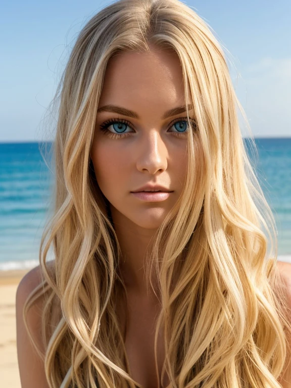 beach, long blond hair, (closed mouth:1.4), sitting,, (masterpiece, high quality, best quality:1.3), Detailed, 25 year old girl, almond bleu eyes, green eyes, long hair, [curly hair], eye shadow makeup, 162cm tall, oval face, arched eyebrows