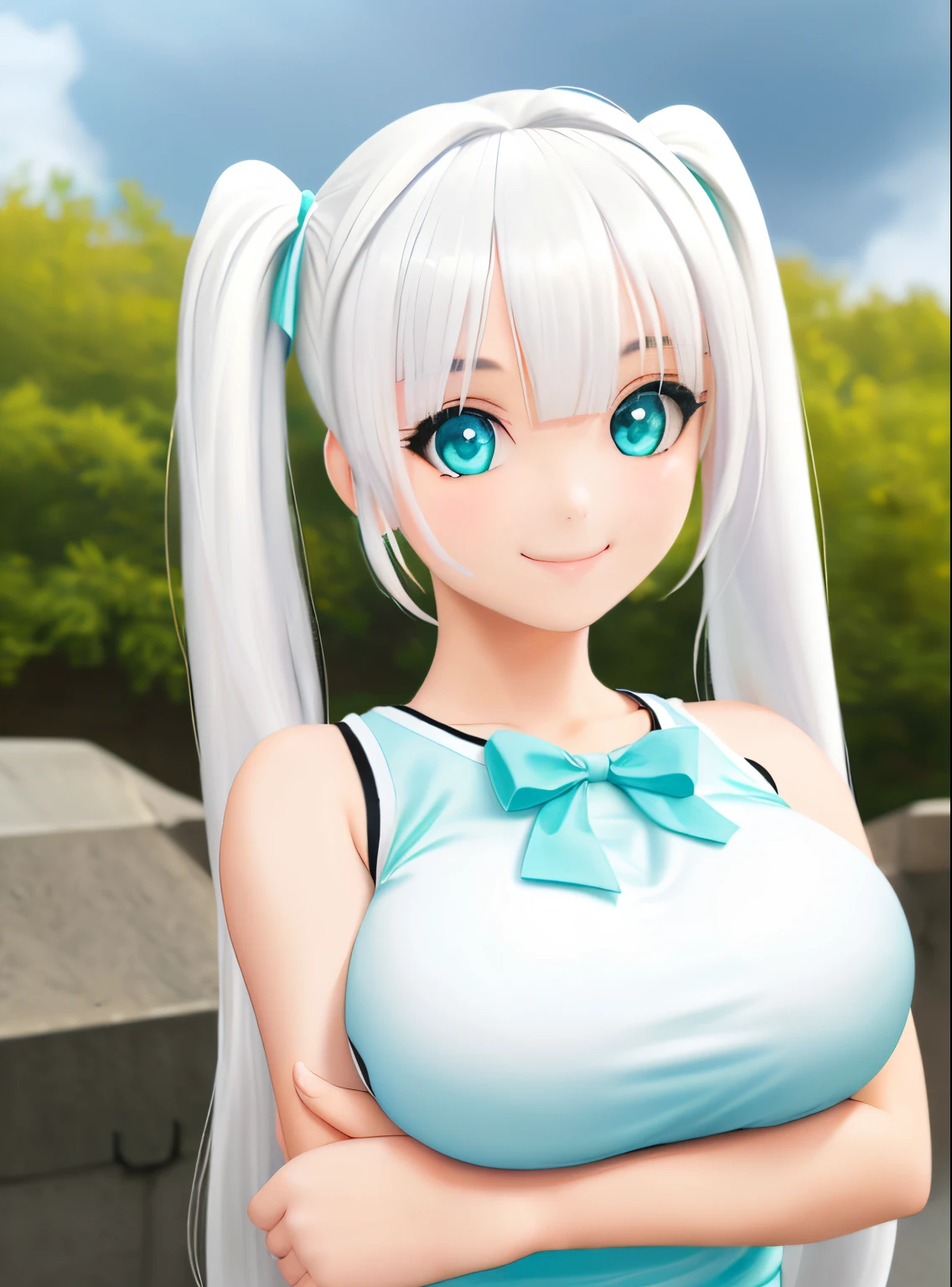 masterpiece, (best quality:1.4), detailed, girl, (solo), (white hair:1.2), (medium twintail hair:1.3), (sidelocks:1.1), (bangs:1.1), (large breast:1.3), ribbon, (aqua eyes:1.2), (smile:1.2), flower on head, upper body, (tank top:1.0), (hot tank top:1.2), (looking at viewer:1.2), sexy, detailed eyes, detailed hair, highres, outdoor, sky, (lighting:1.2), high details