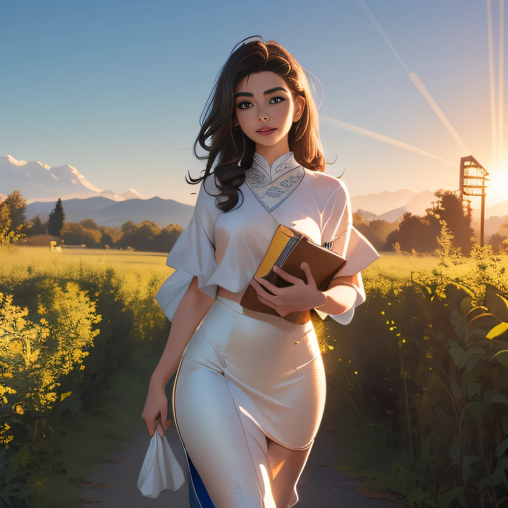 (Extremely detailed 8k wallpaper:2), (photo:2), (22 years old soigne Beautiful girl:2), (gives a lecture to friends:2), detailed (Face and eyes), (hyper realistic:1), (highly detailed:1), (epic realistic:1), rim light, (maximum details:1), cozy, (fullbody:1.3), (looking at viewer:2), (Woman's Attractive Qualities:2), (Attractive Woman:2), (Attractive:2), Smile, Intelligence, Empathy, Gracefulness, Sense of Style, Fitness, Grooming, Optimism, (Sensitivity:2), Sincerity, Romantic Gestures, Playfulness, Fashion Sense, (Sensuality:2), Charm, Modesty, Thoughtfulness, (Femininity:1), Flirtatiousness, Warmth, (Physical attractiveness:2), A beautiful smile, A love of life, strength and power, vulnerability, curiosity, wonder, love, (nature background:2), kawaii, waifu, Beautiful breasts, (attractive body:2), (Beautiful body:2), Beautiful pose, attractive pose, (Beautiful legs:1.0), (Beautiful clothes:1), (classic clothes:2), (elegant clothes:2), (European clothes:2), detailed clothes, (skirt:1), (blouse:1), (provocative pose)