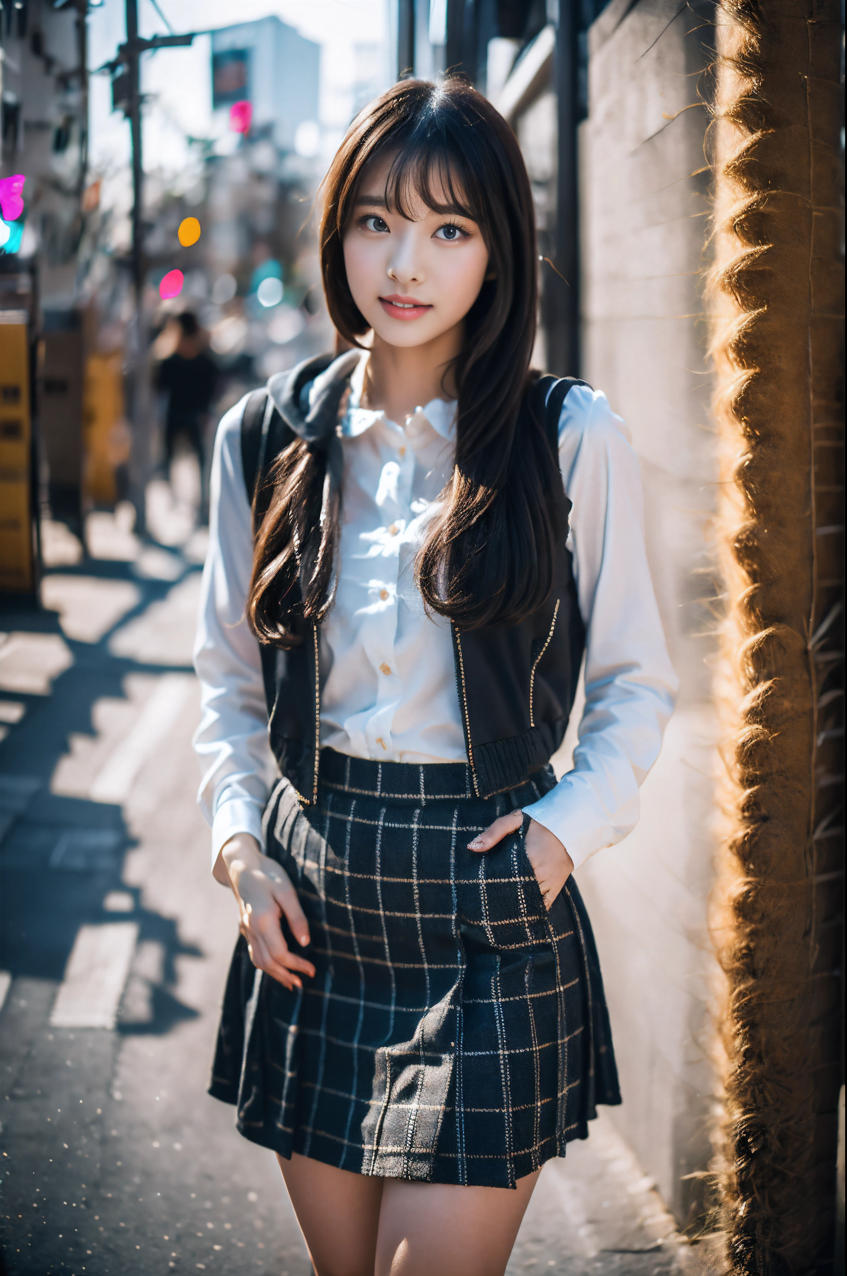 ((Best Quality, 8K, Masterpiece:1.3)), Focus: 1.2, Perfect Body Beauty: 1.4, 
BREAK detailed reflecting eyes by professional digital painting, beautiful pretty cute small face, 
BREAK solo, 1girl, Front-button chino long skirt, CASQUETTE, waffle pullover, hooded waistcoat, sneaker, cowboy shot