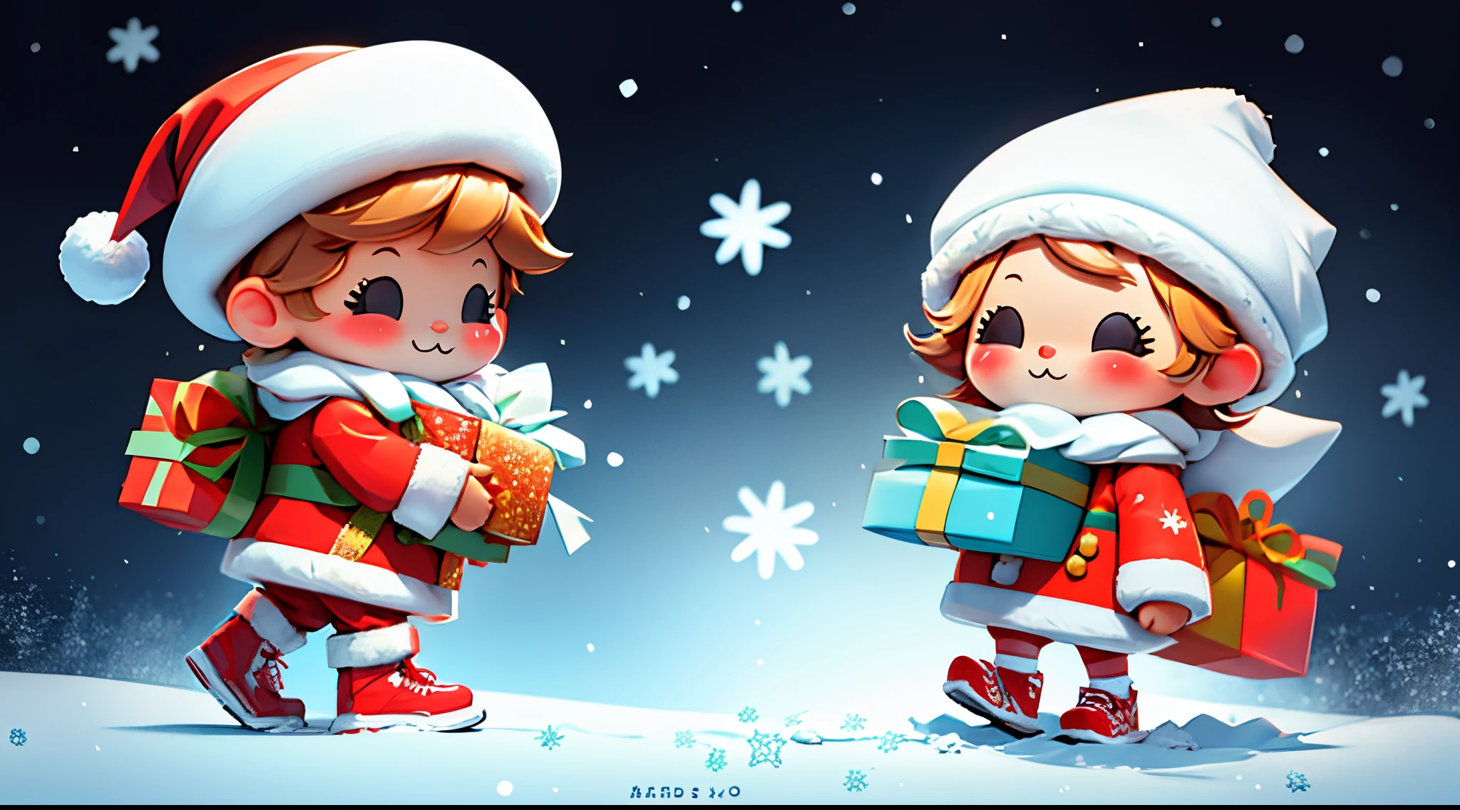Santa Claus happily carrying presents、Santa is a pretty girl、Chibi Doll、Stars in the eyes(kirakira)、Eye Up、Laugh、Cute red shoes、foco nítido, Ultra Detail, radiant light、bio luminescent、snowscape、It's snowing、Snowboard Riding、Draw a large snowflake in the foreground、Taken from the side、Stronger bokeh effect