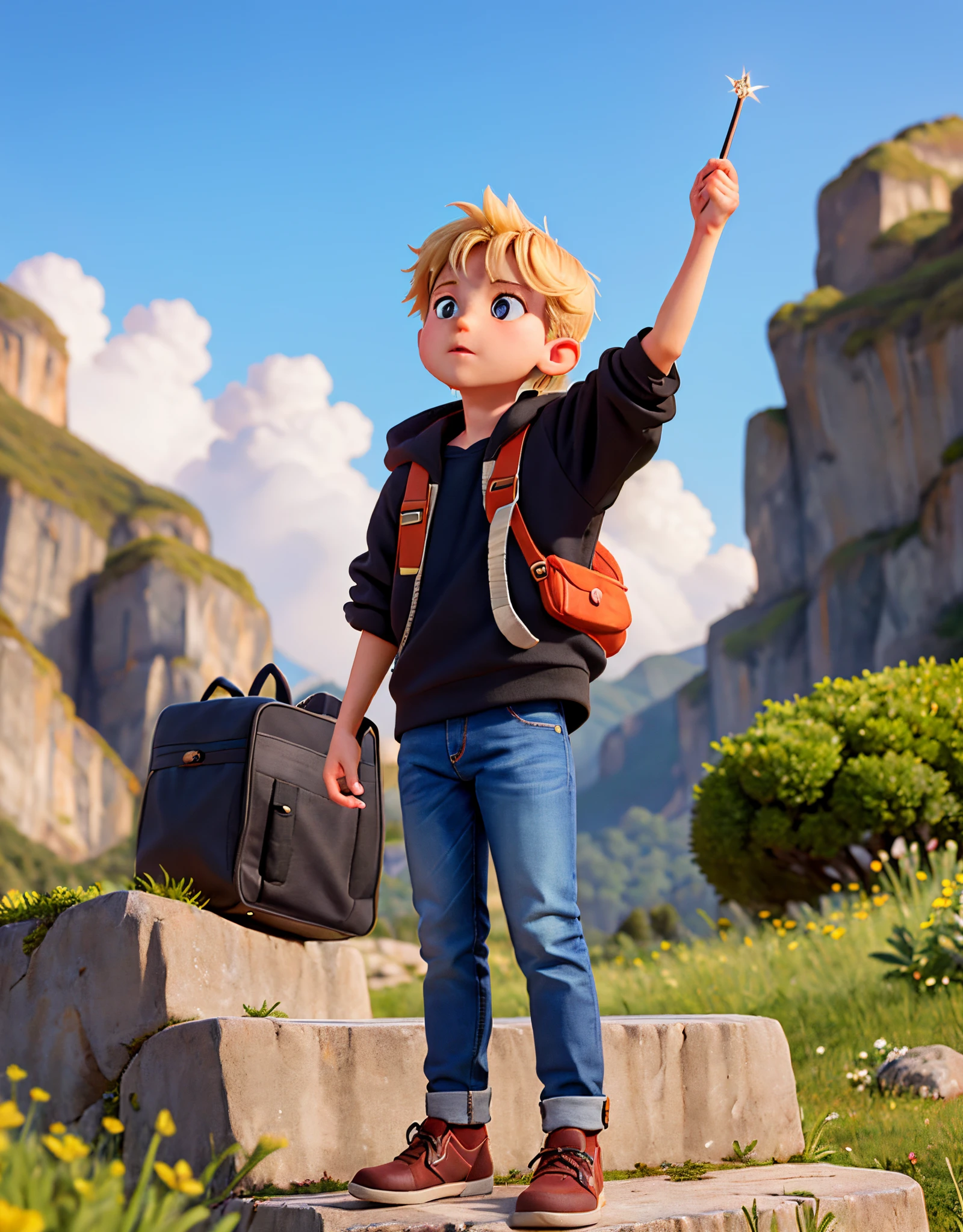 A boy looking up wearing a black jecket and jeans pants blonde hair at the mountains with sun