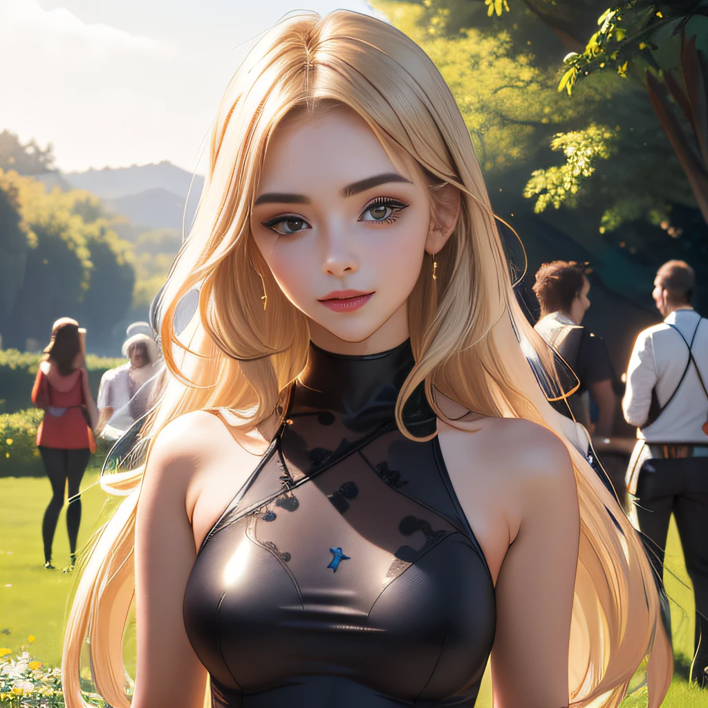 (Extremely detailed 8k wallpaper:2), (photo:2), (24 years old soigne Beautiful girl:2), (gives a lecture to friends:2), detailed (Face and eyes), (hyper realistic:1), (highly detailed:1), (epic realistic:1), rim light, (maximum details:1), cozy, (fullbody:1.3), (looking at viewer:2.0), (Woman's Attractive Qualities:2), (Attractive Woman:2), (Attractive:2), Smile, Intelligence, Empathy, Gracefulness, Sense of Style, Fitness, Grooming, Optimism, (Sensitivity:2), Sincerity, Romantic Gestures, Playfulness, Fashion Sense, (Sensuality:2), Charm, Modesty, Thoughtfulness, (Femininity:1), Flirtatiousness, Warmth, (Physical attractiveness:2), A beautiful smile, A love of life, strength and power, vulnerability, curiosity, wonder, love, (nature background:2), kawaii, waifu, Beautiful breasts, (attractive body:2), (Beautiful body:2), Beautiful pose, attractive pose, (Beautiful legs:1.0), (Beautiful clothes:1), (classic clothes:2), (elegant clothes:2), (European clothes:2), detailed clothes, (skirt:1), (blouse:1), (provocative pose)