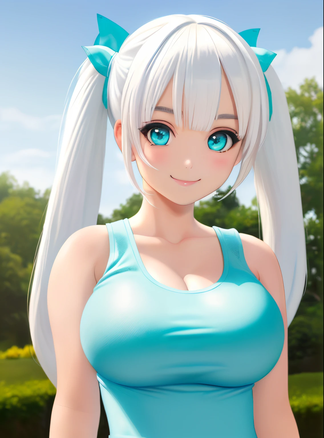 masterpiece, (best quality:1.4), detailed, girl, (solo), (white hair:1.2), (medium twintail hair:1.3), (sidelocks:1.1), (bangs:1.1), (large breast:1.3), ribbon, (aqua eyes:1.2), (smile:1.2), flower on head, upper body, (tank top:1.0), (hot tank top:1.2), (looking at viewer:1.2), sexy, detailed eyes, detailed hair, highres, outdoor, sky, (lighting:1.2), high details