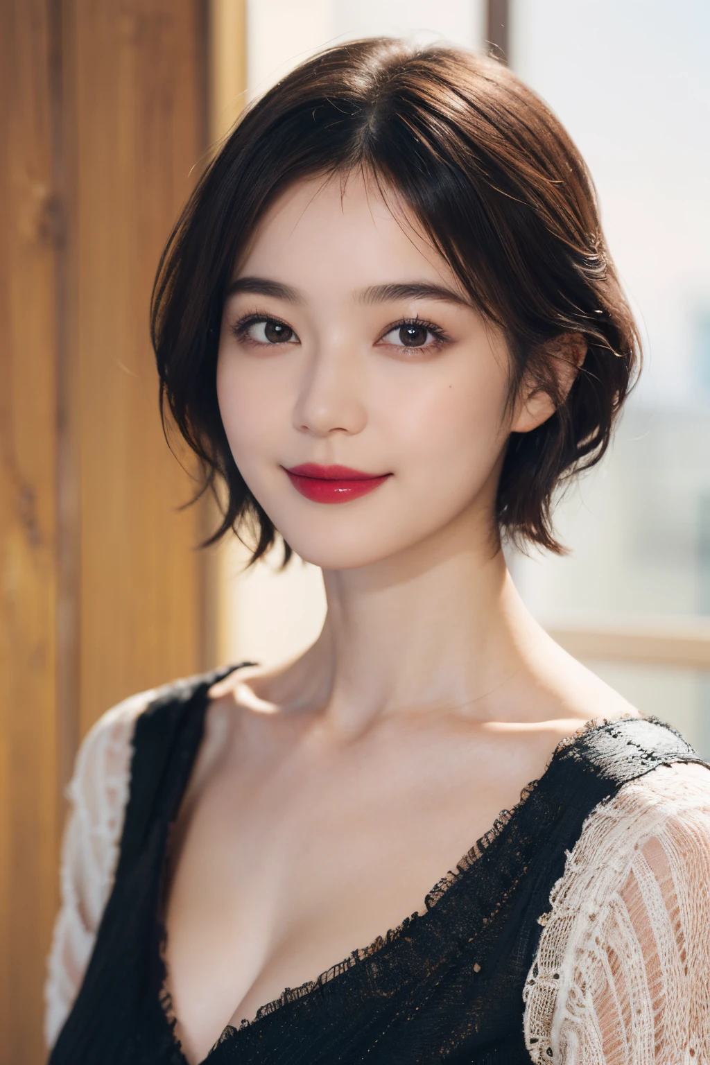 114
(a 20 yo woman,is standing), (A hyper-realistic), (high-level image quality), ((beautiful hairstyle 46)), ((short-hair)), (Gentle smile), (brest:1.1), (lipsticks)