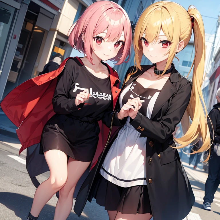 2D anime style、Fashionable clothes、full bodyesbian、Walking、Red eyes、Adults、Blonde shorthair、Beautuful Women