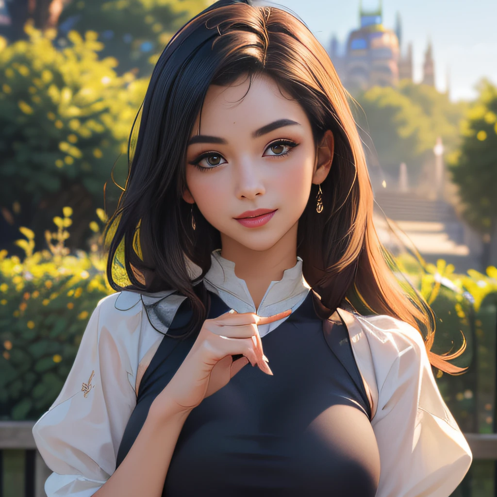 (Extremely detailed 8k wallpaper:2), (photo:2), (24 years old soigne Beautiful girl:2), (gives a lecture to friends:2), detailed (Face and eyes), (hyper realistic:1), (highly detailed:1), (epic realistic:1), rim light, (maximum details:1), cozy, (fullbody:1.3), (looking at viewer:2.0), (Woman's Attractive Qualities:2), (Attractive Woman:2), (Attractive:2), Smile, Intelligence, Empathy, Gracefulness, Sense of Style, Fitness, Grooming, Optimism, (Sensitivity:2), Sincerity, Romantic Gestures, Playfulness, Fashion Sense, (Sensuality:2), Charm, Modesty, Thoughtfulness, (Femininity:1), Flirtatiousness, Warmth, (Physical attractiveness:2), A beautiful smile, A love of life, strength and power, vulnerability, curiosity, wonder, love, (nature background:2), kawaii, waifu, Beautiful breasts, (attractive body:2), (Beautiful body:2), Beautiful pose, attractive pose, (Beautiful legs:1.0), (Beautiful clothes:1), (classic clothes:2), (elegant clothes:2), (European clothes:2), detailed clothes, (skirt:1), (blouse:1), (provocative pose)