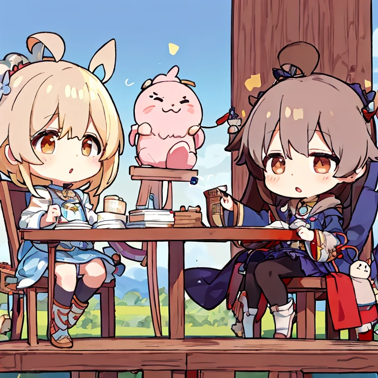 Engineers and mysterious inventions、dialogue、Manzai、Chibichara、Bokeh and Tsukkomi、memory speech bubble、full body Esbian、atelier、Kobo