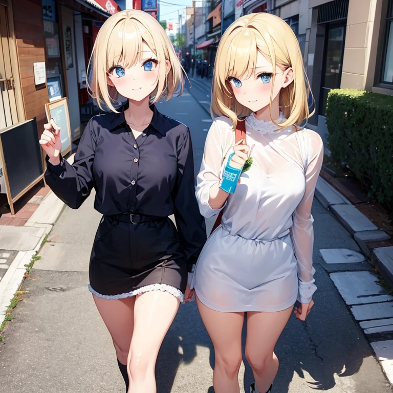 2D anime style、Fashionable clothes、full bodyesbian、TOKYOcty、Walking、Blue eyes、Adults、Blonde shorthair、Beautuful Women