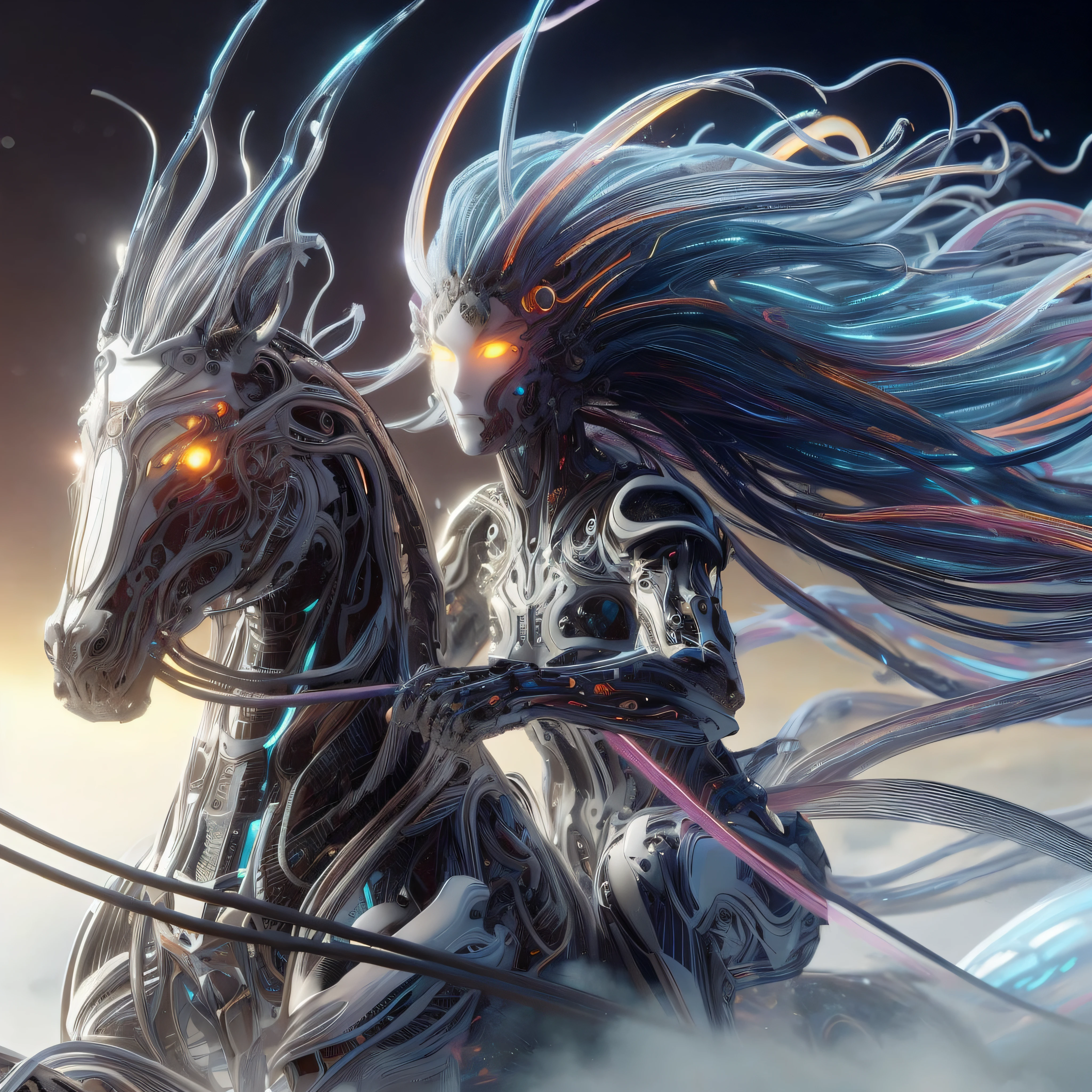 anime, a woman riding a horse with glowing eyes and a horse with a long mane, 2. 5 d cgi anime fantasy artwork, epic fantasy digital art style, detailed fantasy digital art, detailed digital 2d fantasy art, beautiful digital artwork, highly detailed fantasy art, intricate ornate anime cgi style, epic fantasy art style hd, 4k highly detailed digital art