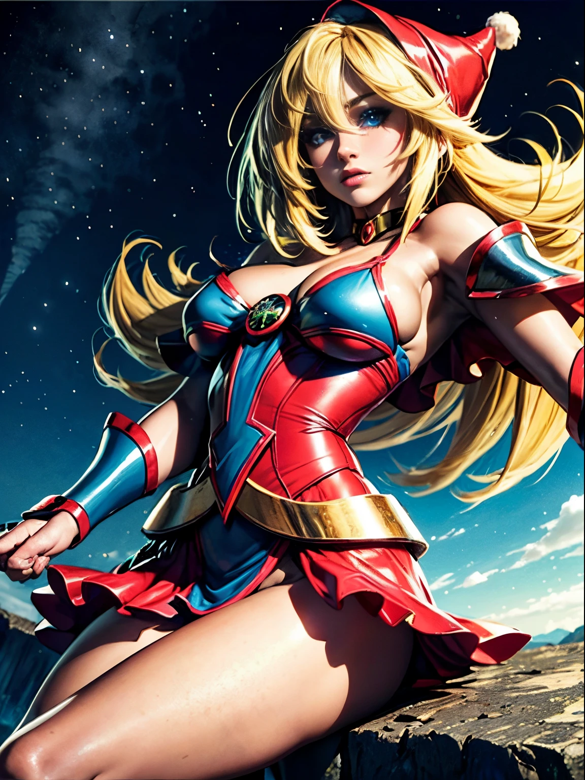 Dark magician gils. Rubia dorada sexy, ojos azules, Cara hermosa, Fit and athletic body, travieso, guarra, Manos perfectas, Manos detalladas, Ojos azules perfectos, ojos detallados, flirty, sexy, tetas grandes y alegres, cuerpo completo, realista, HDR, UHD, dynamic, sentado en el suelo frente a una chimenea, Posando, Santa Claus red dress, christmas tree, botas negras. Pose sejustiva y sensual