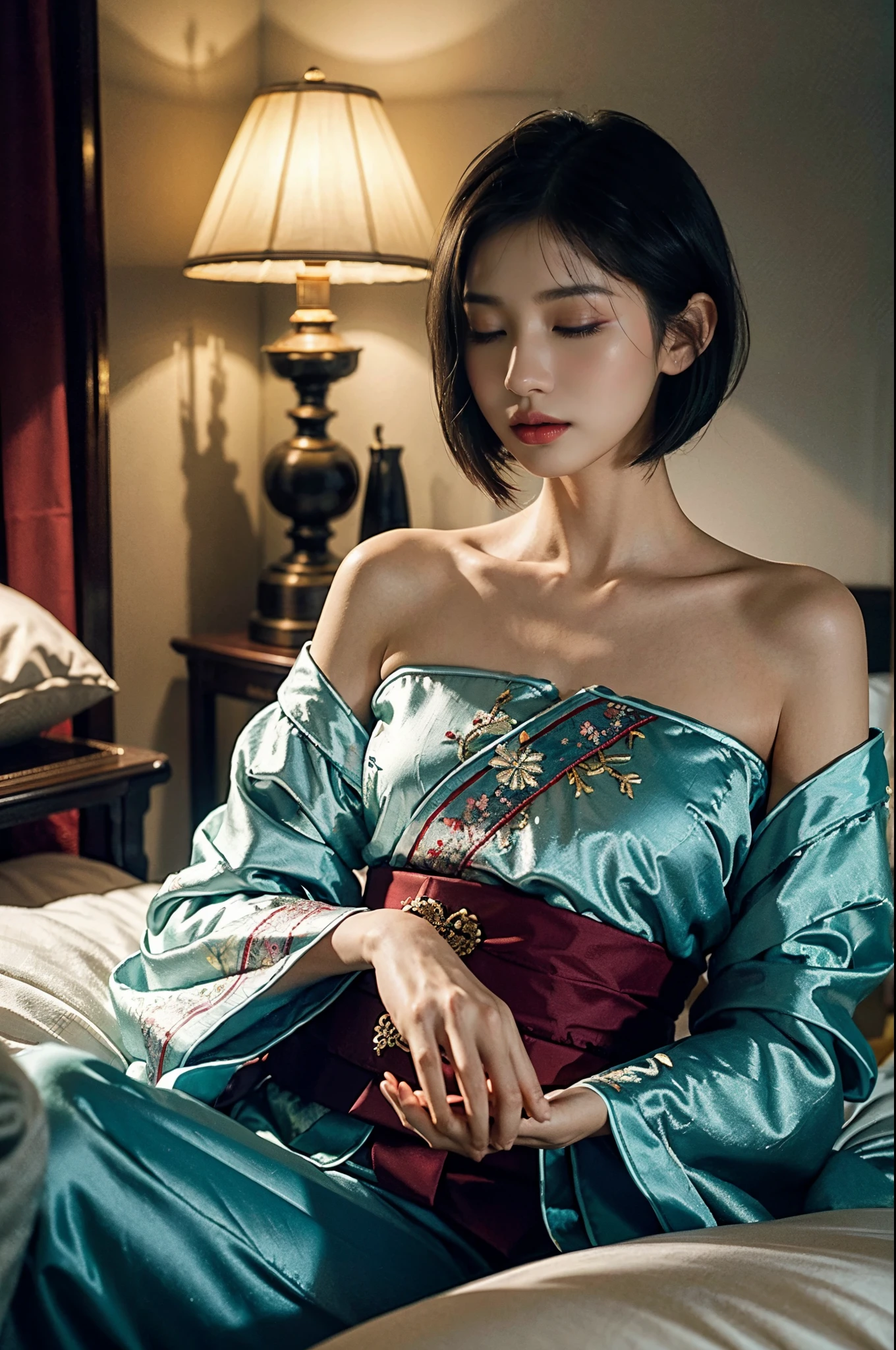 ((Shoulder length straight bob hair)),(messy  hair),extremely detremely detailed CG),(((8K))),the wallpaper,((Extremely Delicately Beautiful)),(((tmasterpiece))),(((Best quality))),(((超A high resolution))),beautiful light up，Perfect lightning,realistic shaded，[A high resolution],(Smooth and flawless fair skin:1.5),Facial details are extremely delicate,ultra - detailed,one-girl,Alone,small heads,petty face,Clear face,Delicatemakeup,(laughingly:1.2),(perfect bodies:1.1),little breast,flatchest,Slim,thin,(Look from the front:1.2),nighttime scene,dim murky lights,(Chinese classical interior decoration style),(detailedbackground),(luxury bedroom),((Lie flat on the bed)),((closing her eyes)),(with her mouth open:1.3),(morpheus:1.5),(Be red in the face:1.3),Ahegao,(Female :1.5),BREAK BREAK BREAK,collars,exquisite costumes{Luxurious Hanfu pajamas(Colorful Hanfu(Meticulous embroidery,))}