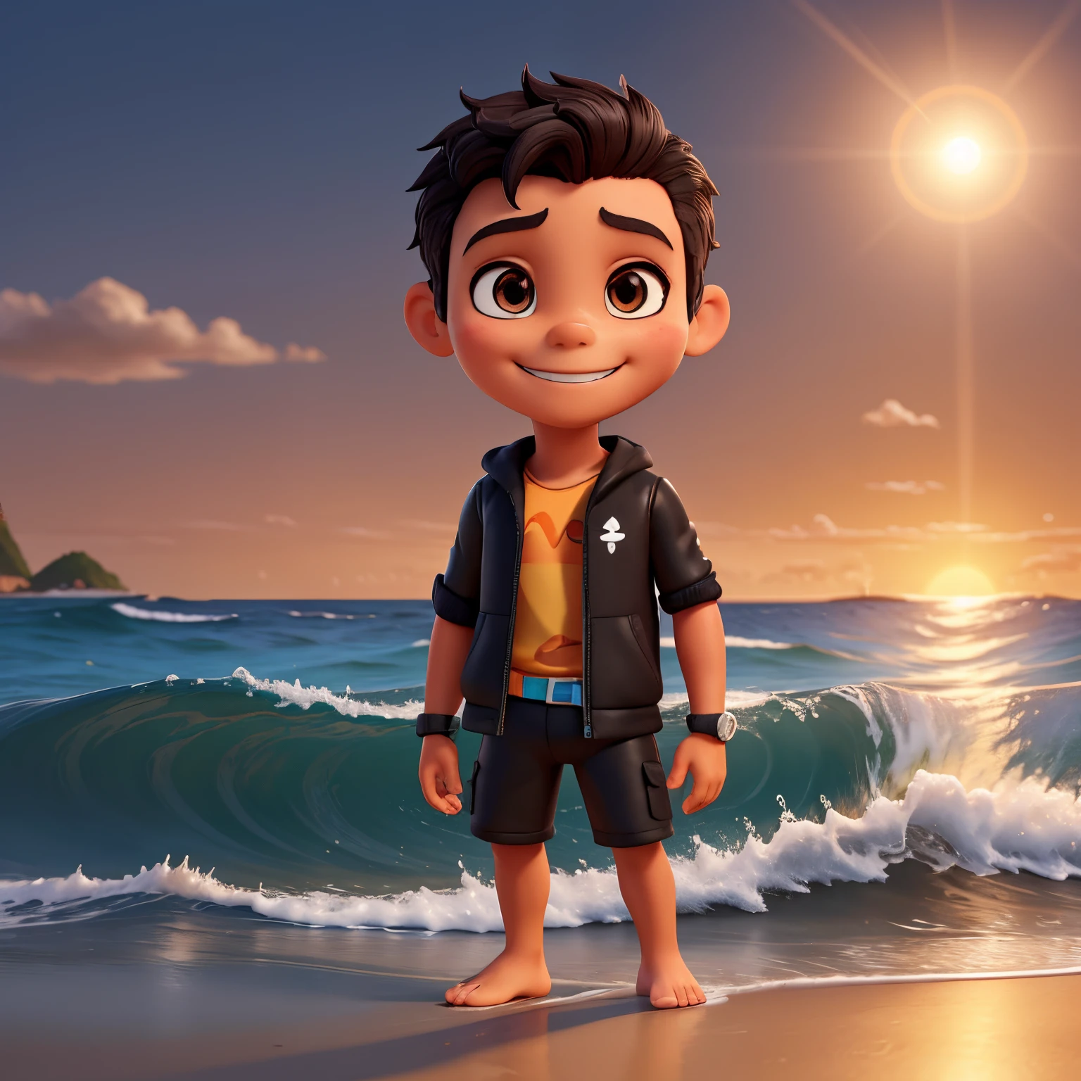 create an image based on the reference of the photograph, man, tall, 35 years old, dark skin, dark hair, very short hair, surfer, wearing black rubber clothing, surfing a wave, doing a surfing maneuver, black board, on a paradise beach, orange sky, sun rising, morning surf, sun reflections on the water, Disney style, pixar style, chibi, full body, cute, smiling, unreal engine, detailed, ultra high definition, 8k