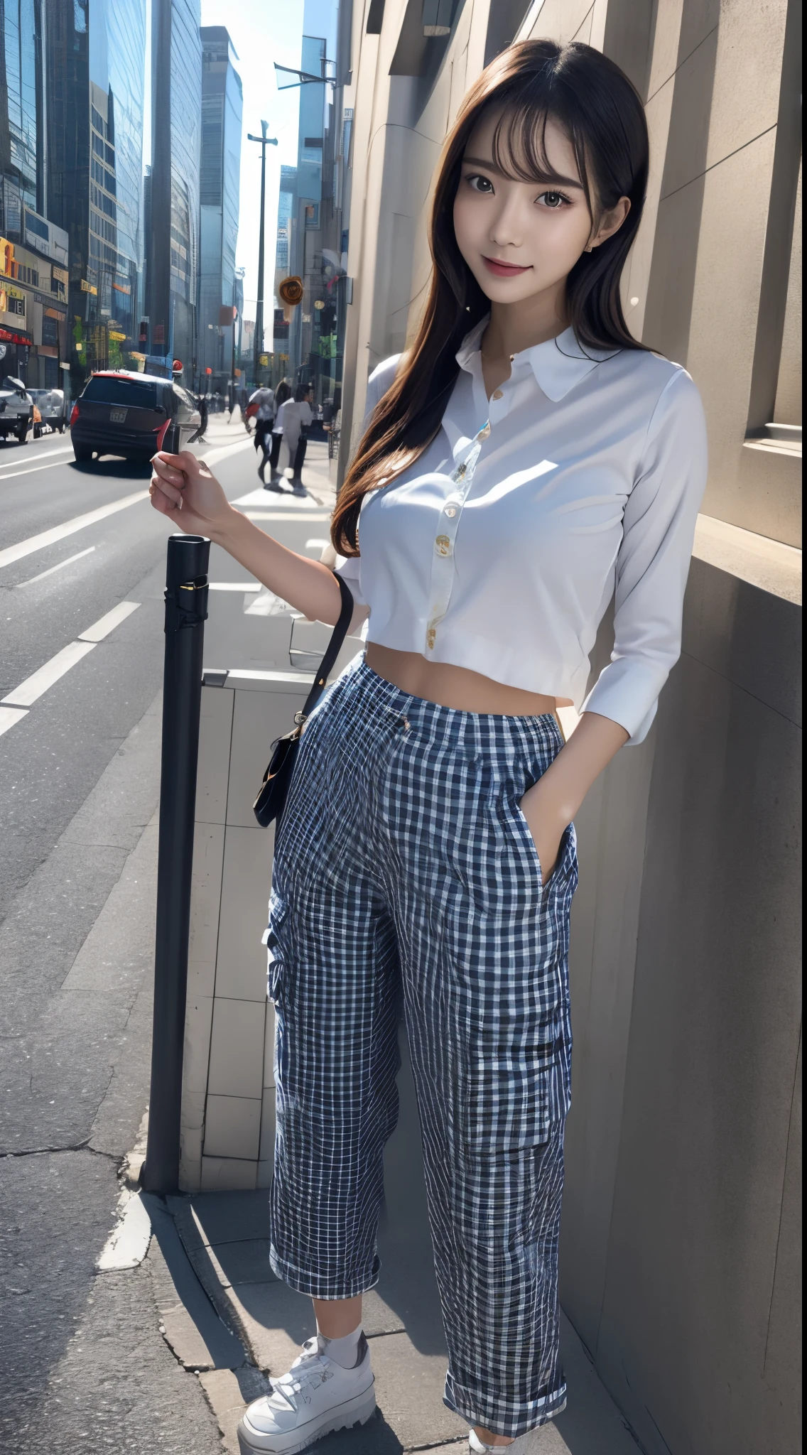 ((8K, top-quality, masterpiece, 8k high resolution, Photorealsitic:1.4,)), (Highly detailed facial and skin texture:1.5), (Original Photo, Lighting: 1:1), BREAK detailed reflecting eyes by professional digital painting, beautiful pretty cute small face, BREAK 1girl, solo, (gingham check balloon-sleeved blouse), (white Cargo pants:1.5), Ribbon platform sneakers