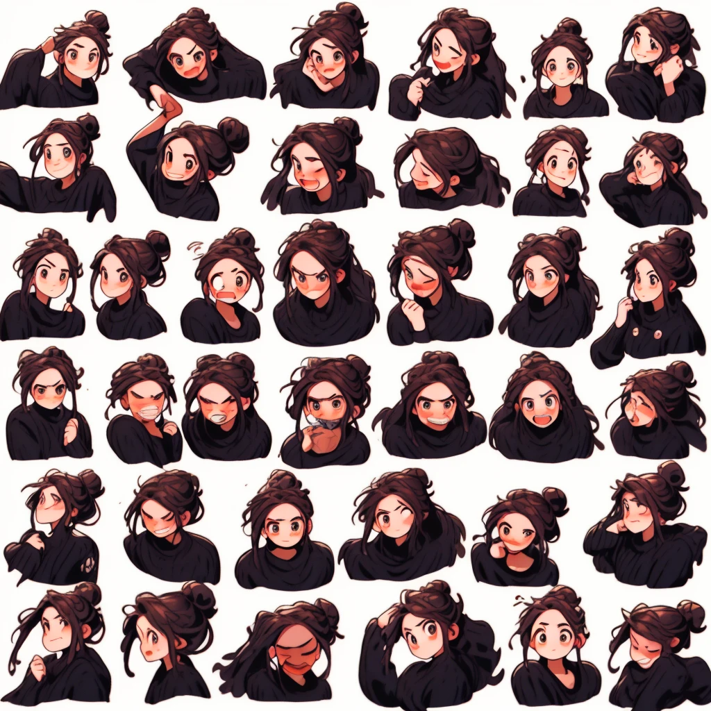 1 menina bonito，9 grades，9 pacotes de emojis，9 poses and expressions，Hanfu、hair buns、ornamento de cabelo，Estilo Disney，black strokes，different emotions，8k