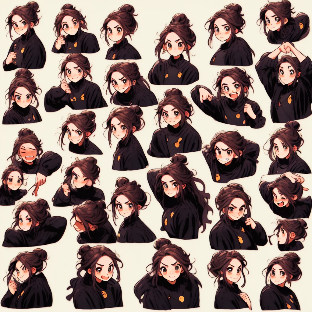 1 menina bonito,9 grades,9 pacotes de emojis,9 poses and expressions,Hanfu、hair buns、ornamento de cabelo,Estilo Disney,black strokes,different emotions,8k