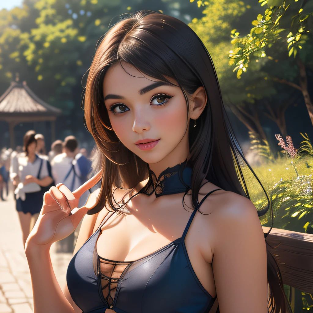 (Extremely detailed 8k wallpaper:2), (photo:2), (24 years old soigne Beautiful girl:2), (gives a lecture to friends:2), detailed (Face and eyes), (hyper realistic:1), (highly detailed:1), (epic realistic:1), rim light, (maximum details:1), cozy, (fullbody:1.3), (looking at viewer:2.0), (Woman's Attractive Qualities:2), (Attractive Woman:2), (Attractive:2), Smile, Intelligence, Empathy, Gracefulness, Sense of Style, Fitness, Grooming, Optimism, (Sensitivity:2), Sincerity, Romantic Gestures, Playfulness, Fashion Sense, (Sensuality:2), Charm, Modesty, Thoughtfulness, (Femininity:1), Flirtatiousness, Warmth, (Physical attractiveness:2), A beautiful smile, A love of life, strength and power, vulnerability, curiosity, wonder, love, (nature background:2), kawaii, waifu, Beautiful breasts, (attractive body:2), (Beautiful body:2), Beautiful pose, attractive pose, (Beautiful legs:1.0), (Beautiful clothes:1), (classic clothes:2), (elegant clothes:2), (European clothes:2), detailed clothes, (skirt:1), (blouse:1), (provocative pose)