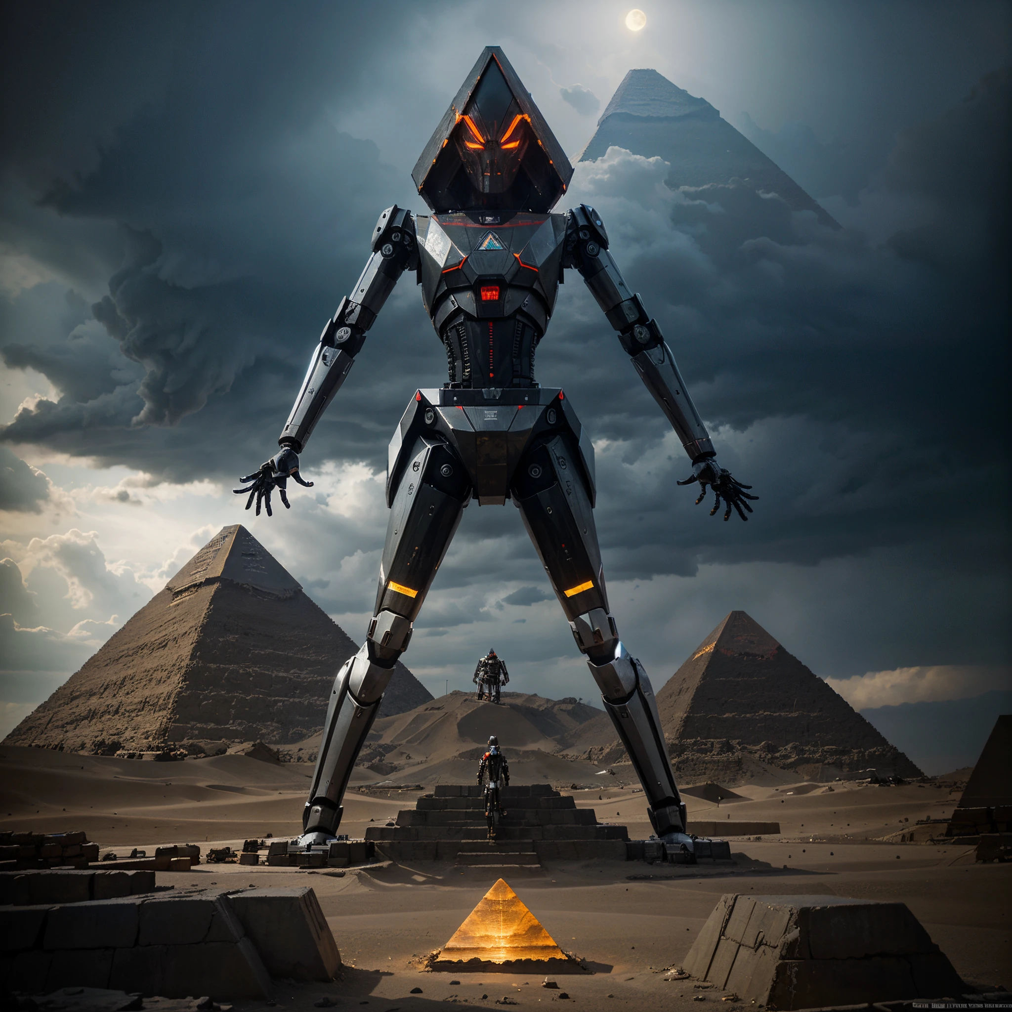 Giant sifi walking pyramid with robotic spider legs, in story planet, stormy weather, pyramid with robotic legs, giant triangle pyramid with robotic spider legs, pyramid rh giant robot spider legs at the bottom, pyramid traingle robot walking around with robotic legs, has robotic spider legs located at the bottom of the pyramid to walk with, pyramid has robotic legs it uses to walk with, traingle shaped robot that has robotic spider legs, pyramid triangle robot that has robotic spider legs on its body,