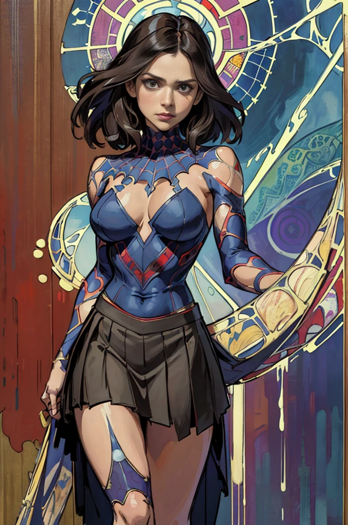 Rachel Bilson、Sticking out the navel、newyork、She wears a torn Spider-Man suit,wearing skirt、abstract photorealistic、artistic、Alphonse Mucha's painting(masterpiece、top-quality、hight resolution:1.4)、detaileds、intricate-detail、4K、color splashes、line-drawing、Fibonacci、