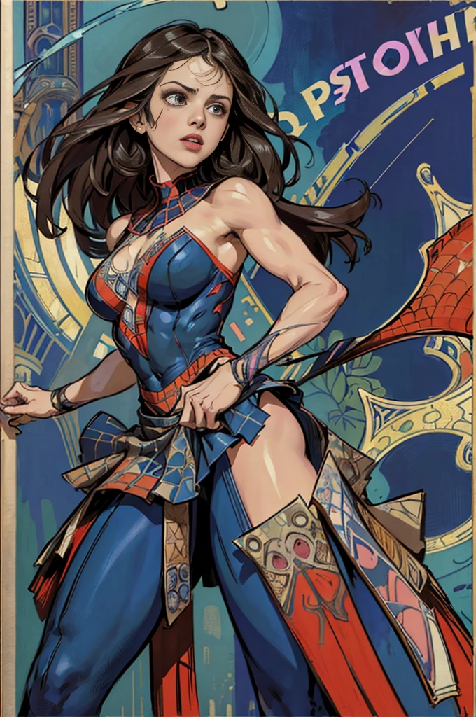 Natalie portman、Sticking out the navel、newyork、She wears a torn Spider-Man suit,wearing skirt、abstract photorealistic、artistic、Alphonse Mucha's painting(​masterpiece、top-quality、hight resolution:1.4)、detaileds、intricate-detail、4K、color splashes、line-drawing、Fibonacci、