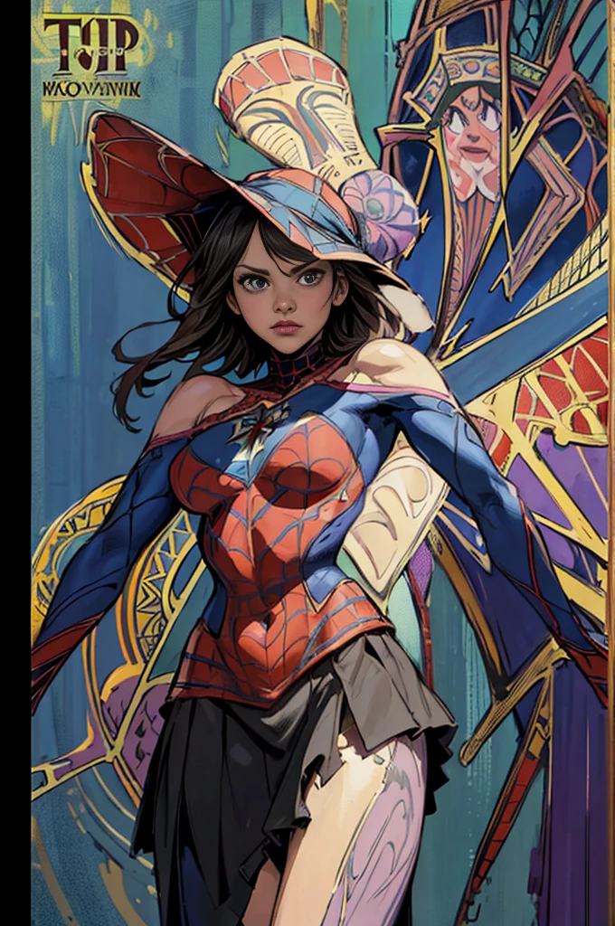 Rachel Bilson、Sticking out the navel、newyork、She wears a torn Spider-Man suit,wearing skirt、abstract photorealistic、artistic、Alphonse Mucha's painting(masterpiece、top-quality、hight resolution:1.4)、detaileds、intricate-detail、4K、color splashes、line-drawing、Fibonacci、