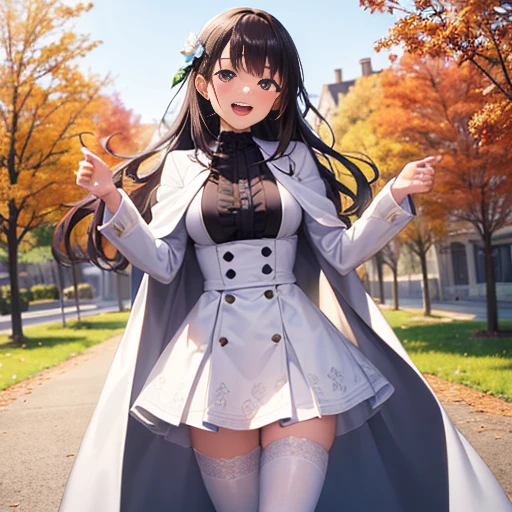 ((masterpiece:1.5)),((Finest quality)),(Ultra-high precision),8k picture, Top quality anime, Highest level of resolution, sharpnes, laughing, white cape coat, One piece with frills, white tights, cheerful, sunshine, autumn, outdoor, long hair, hair ornament,