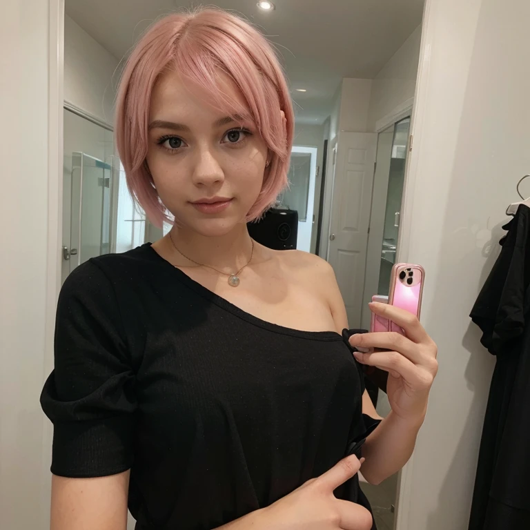 girl with short light pink hair takes a selfie with black dress