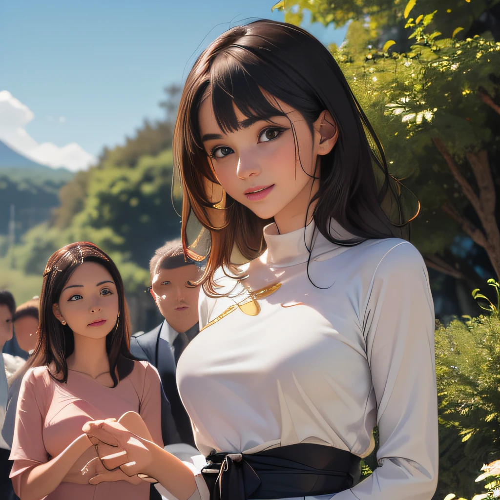 (Extremely detailed 8k wallpaper:2), (photo:2), (24 years old soigne Beautiful girl:2), (gives a lecture to friends:2), detailed (Face and eyes), (hyper realistic:1), (highly detailed:1), (epic realistic:1), rim light, (maximum details:1), cozy, (fullbody:1.3), (looking at viewer:2.0), (Woman's Attractive Qualities:2), (Attractive Woman:2), (Attractive:2), Smile, Intelligence, Empathy, Gracefulness, Sense of Style, Fitness, Grooming, Optimism, (Sensitivity:2), Sincerity, Romantic Gestures, Playfulness, Fashion Sense, (Sensuality:2), Charm, Modesty, Thoughtfulness, (Femininity:1), Flirtatiousness, Warmth, (Physical attractiveness:2), A beautiful smile, A love of life, strength and power, vulnerability, curiosity, wonder, love, (nature background:2), kawaii, waifu, Beautiful breasts, (attractive body:2), (Beautiful body:2), Beautiful pose, attractive pose, (Beautiful legs:1.0), (Beautiful clothes:1), (classic clothes:2), (elegant clothes:2), (European clothes:2), detailed clothes, (skirt:1), (blouse:1), (provocative pose)