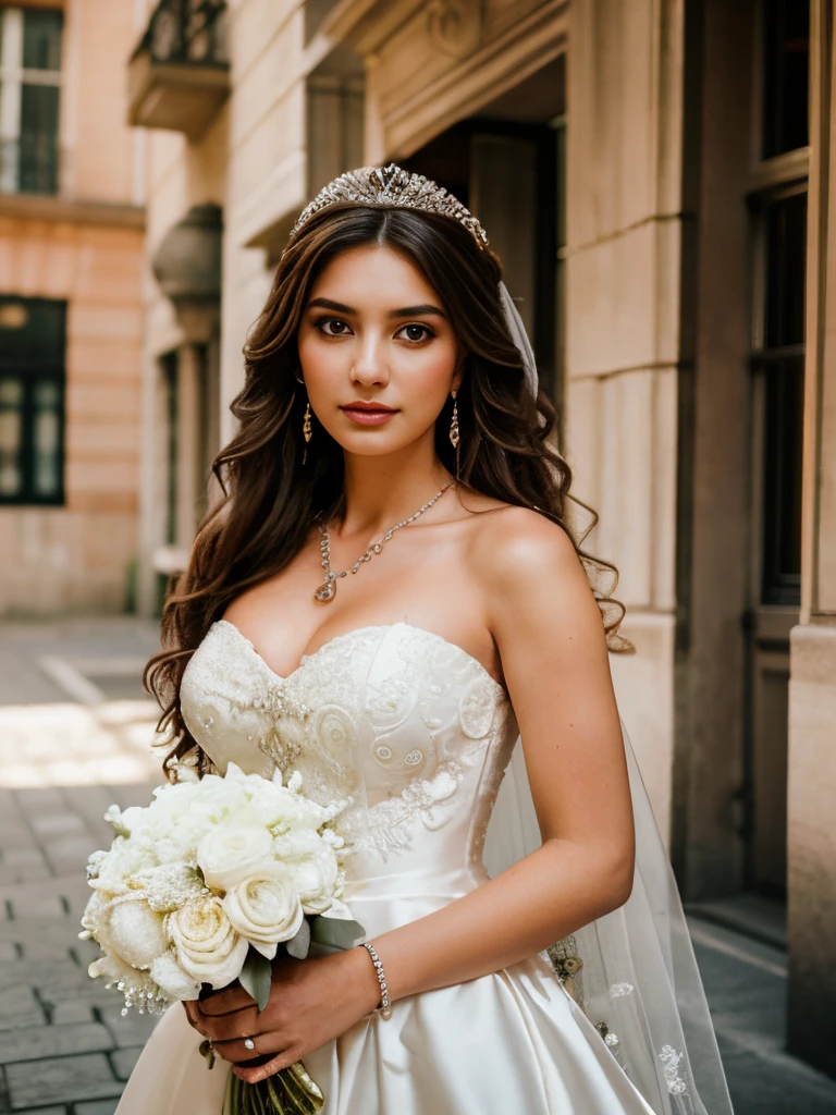 photography of a stunning girl, bride, natural bust, wavy hair, skyscrapers, looks into the camera, symmetrical eyes, symmetrical face, photorealistic, photography, path tracing, specular lighting, volumetric face light, path traced hair, visible shadows, intricate, elaborate, hyper-realistic, earrings, bracelets, necklace, cleavages, white strapless wedding gown, tiara, long veil, blushing, happy, bouquet.