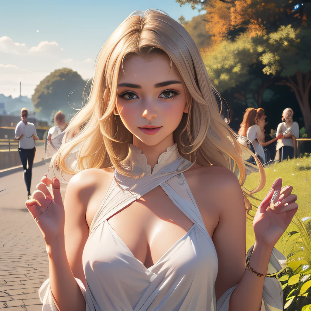 (Extremely detailed 8k wallpaper:2), (photo:2), (24 years old soigne Beautiful girl:2), (gives a lecture to friends:2), detailed (Face and eyes), (hyper realistic:1), (highly detailed:1), (epic realistic:1), rim light, (maximum details:1), cozy, (fullbody:1.3), (looking at viewer:2.0), (Woman's Attractive Qualities:2), (Attractive Woman:2), (Attractive:2), Smile, Intelligence, Empathy, Gracefulness, Sense of Style, Fitness, Grooming, Optimism, (Sensitivity:2), Sincerity, Romantic Gestures, Playfulness, Fashion Sense, (Sensuality:2), Charm, Modesty, Thoughtfulness, (Femininity:1), Flirtatiousness, Warmth, (Physical attractiveness:2), A beautiful smile, A love of life, strength and power, vulnerability, curiosity, wonder, love, (nature background:2), kawaii, waifu, Beautiful breasts, (attractive body:2), (Beautiful body:2), Beautiful pose, attractive pose, (Beautiful legs:1.0), (Beautiful clothes:1), (classic clothes:2), (elegant clothes:2), (European clothes:2), detailed clothes, (skirt:1), (blouse:1), (provocative pose)