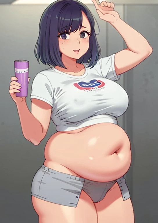 fat, large belly, standing, grabbing belly, very fat, large stomach, chubby (best quality, masterpiece), fat belly, Akane Kurokawa, Akane
