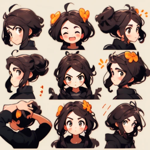 cute girl, emoji pack, 16 emoticons, emoji sheet, multiple poses and expressions, anthropomorphic style, Disney style, black strokes, different emotions,multiple poss and expressions, 8k --niji 5