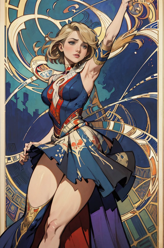 Dianna Agron、Sticking out the navel、newyork、She wears a torn Spider-Man suit,wearing skirt、abstract photorealistic、artistic、Alphonse Mucha's painting(masterpiece、top-quality、hight resolution:1.4)、detaileds、intricate-detail、4K、color splashes、line-drawing、Fibonacci、