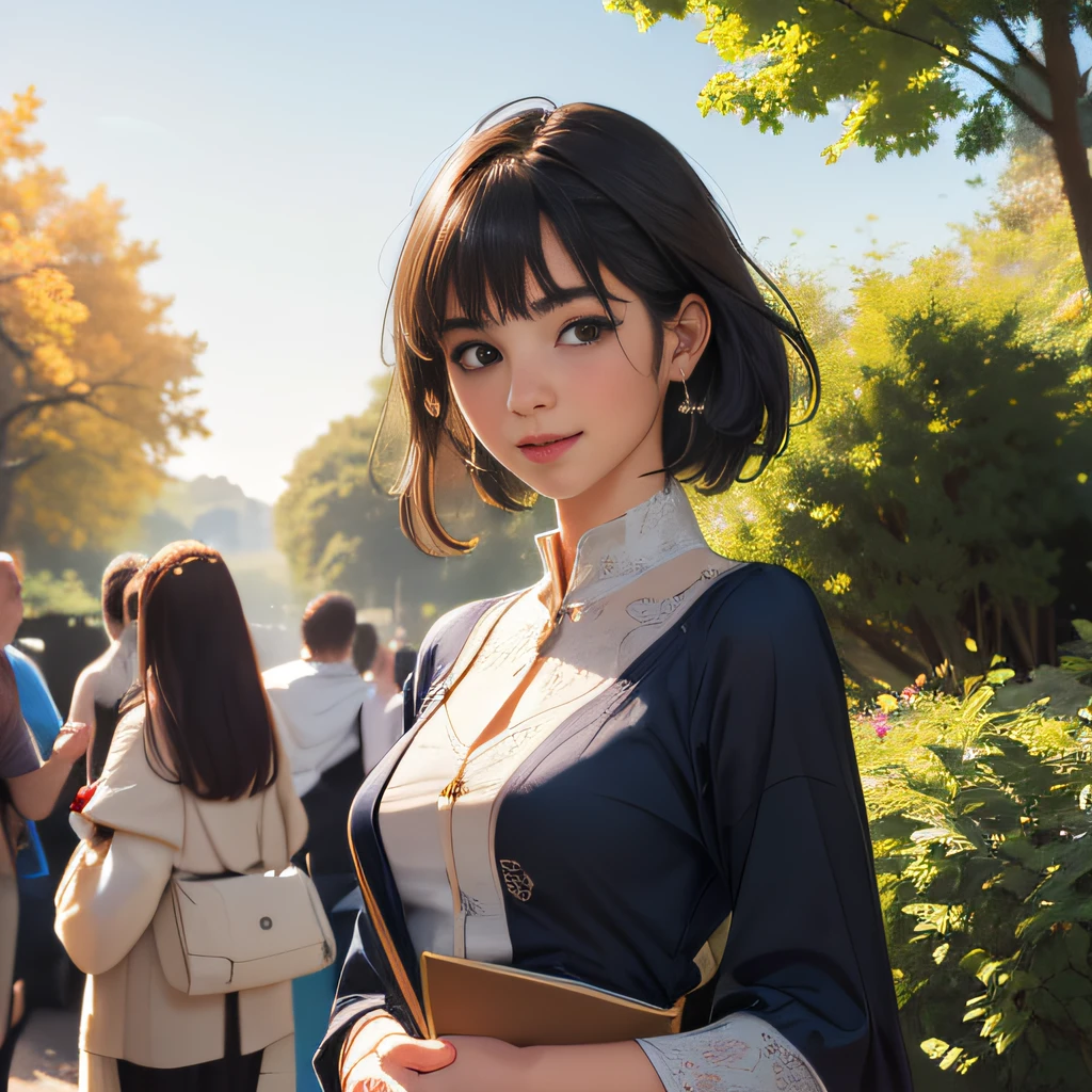 (Extremely detailed 8k wallpaper:2), (photo:2), (24 years old soigne Beautiful girl:2), (gives a lecture to friends:2), detailed (Face and eyes), (hyper realistic:1), (highly detailed:1), (epic realistic:1), rim light, (maximum details:1), cozy, (fullbody:1.3), (looking at viewer:2.0), (Woman's Attractive Qualities:2), (Attractive Woman:2), (Attractive:2), Smile, Intelligence, Empathy, Gracefulness, Sense of Style, Fitness, Grooming, Optimism, (Sensitivity:2), Sincerity, Romantic Gestures, Playfulness, Fashion Sense, (Sensuality:2), Charm, Modesty, Thoughtfulness, (Femininity:1), Flirtatiousness, Warmth, (Physical attractiveness:2), A beautiful smile, A love of life, strength and power, vulnerability, curiosity, wonder, love, (nature background:2), kawaii, waifu, Beautiful breasts, (attractive body:2), (Beautiful body:2), Beautiful pose, attractive pose, (Beautiful legs:1.0), (Beautiful clothes:1), (classic clothes:2), (elegant clothes:2), (European clothes:2), detailed clothes, (skirt:1), (blouse:1), (provocative pose)