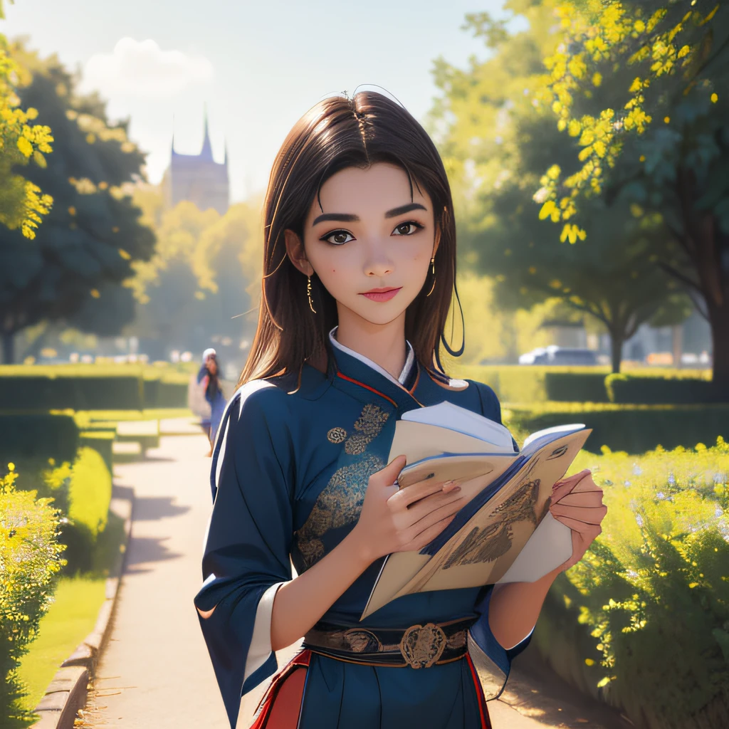 (Extremely detailed 8k wallpaper:2), (photo:2), (24 years old soigne Beautiful girl:2), (gives a lecture to friends:2), detailed (Face and eyes), (hyper realistic:1), (highly detailed:1), (epic realistic:1), rim light, (maximum details:1), cozy, (fullbody:1.3), (looking at viewer:2.0), (Woman's Attractive Qualities:2), (Attractive Woman:2), (Attractive:2), Smile, Intelligence, Empathy, Gracefulness, Sense of Style, Fitness, Grooming, Optimism, (Sensitivity:2), Sincerity, Romantic Gestures, Playfulness, Fashion Sense, (Sensuality:2), Charm, Modesty, Thoughtfulness, (Femininity:1), Flirtatiousness, Warmth, (Physical attractiveness:2), A beautiful smile, A love of life, strength and power, vulnerability, curiosity, wonder, love, (nature background:2), kawaii, waifu, Beautiful breasts, (attractive body:2), (Beautiful body:2), Beautiful pose, attractive pose, (Beautiful legs:1.0), (Beautiful clothes:1), (classic clothes:2), (elegant clothes:2), (European clothes:2), detailed clothes, (skirt:1), (blouse:1), (provocative pose)