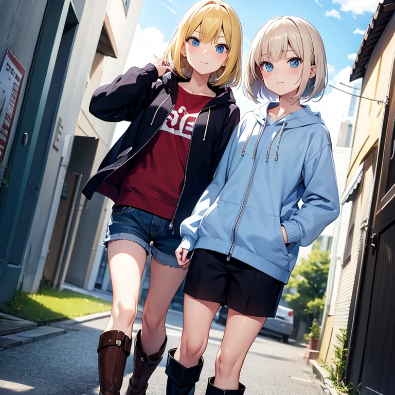 2D anime style、Blue eyes、Adults、Blonde shorthair、beauty shorts、knit、jaket、boots、full bodyesbian、TOKYOcty、Walking