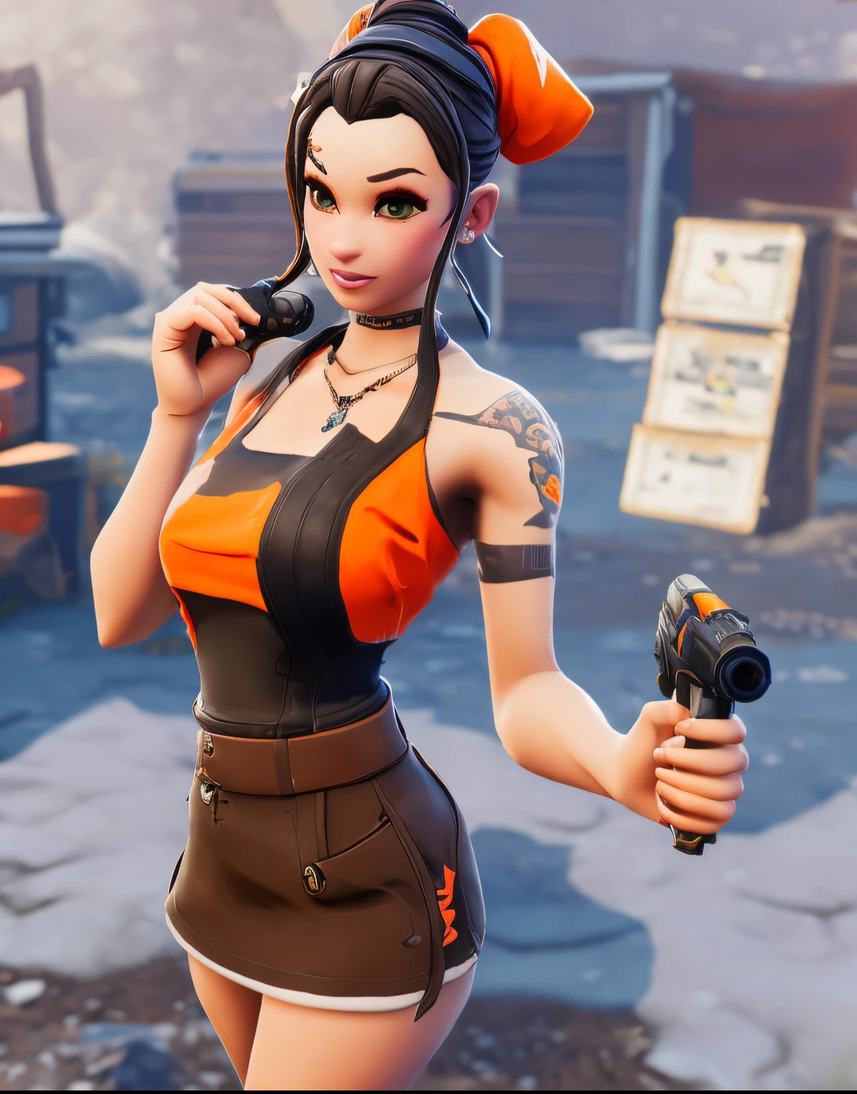 make a brown skinned curvy fortnite skin with dark brown long straight hair with curtain bangs and middle part and brown eyes with orange tank top and brown skirt and orange gun and orange socks and beauty mark on her face and tattoos on arm