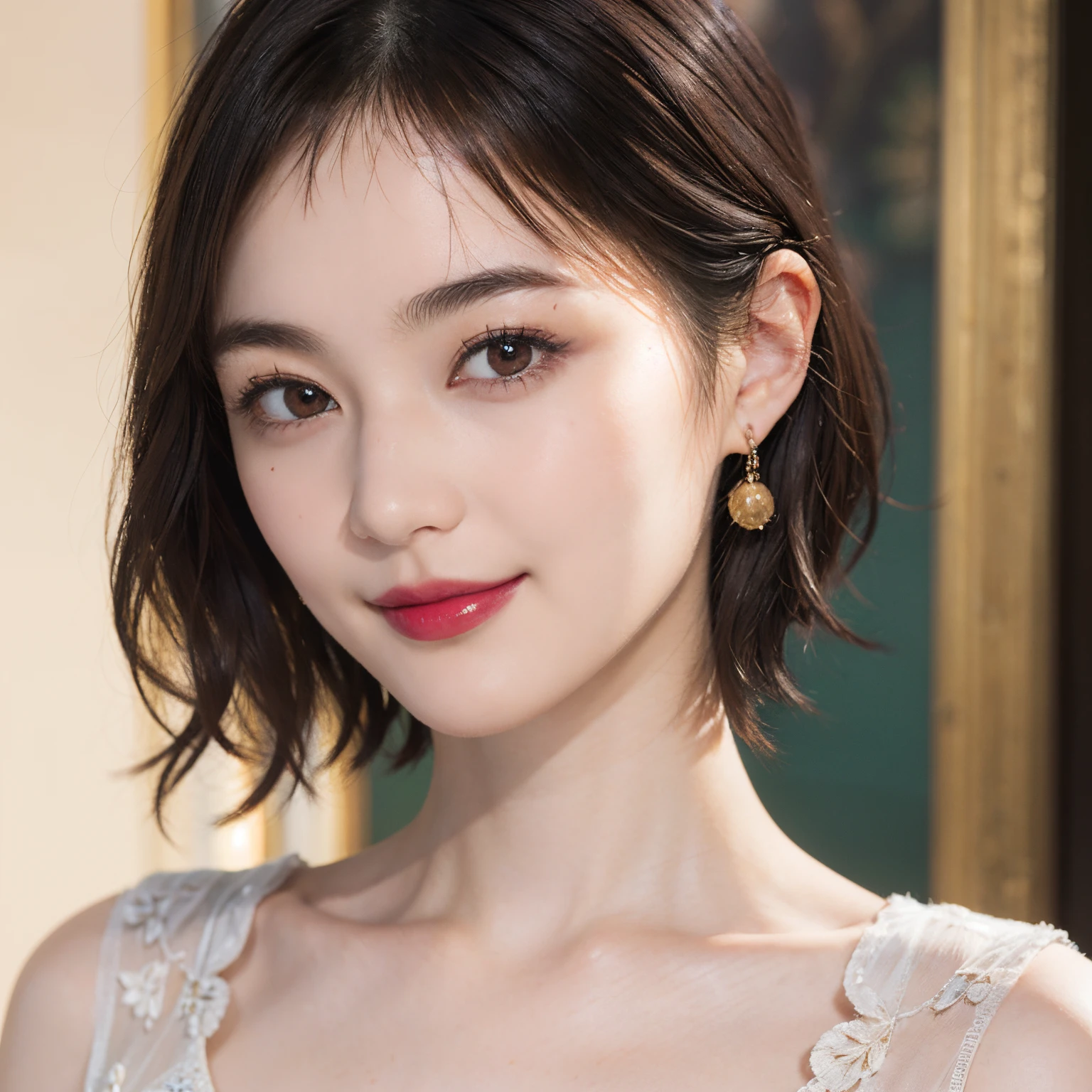 114
(a 20 yo woman,is standing), (A hyper-realistic), (high-level image quality), ((beautiful hairstyle 46)), ((short-hair)), (Gentle smile), (breasted:1.1), (lipsticks)
