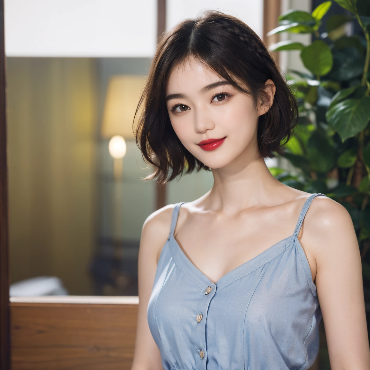 114
(a 20 yo woman,is standing), (A hyper-realistic), (high-level image quality), ((beautiful hairstyle 46)), ((short-hair)), (Gentle smile), (breasted:1.1), (lipsticks)