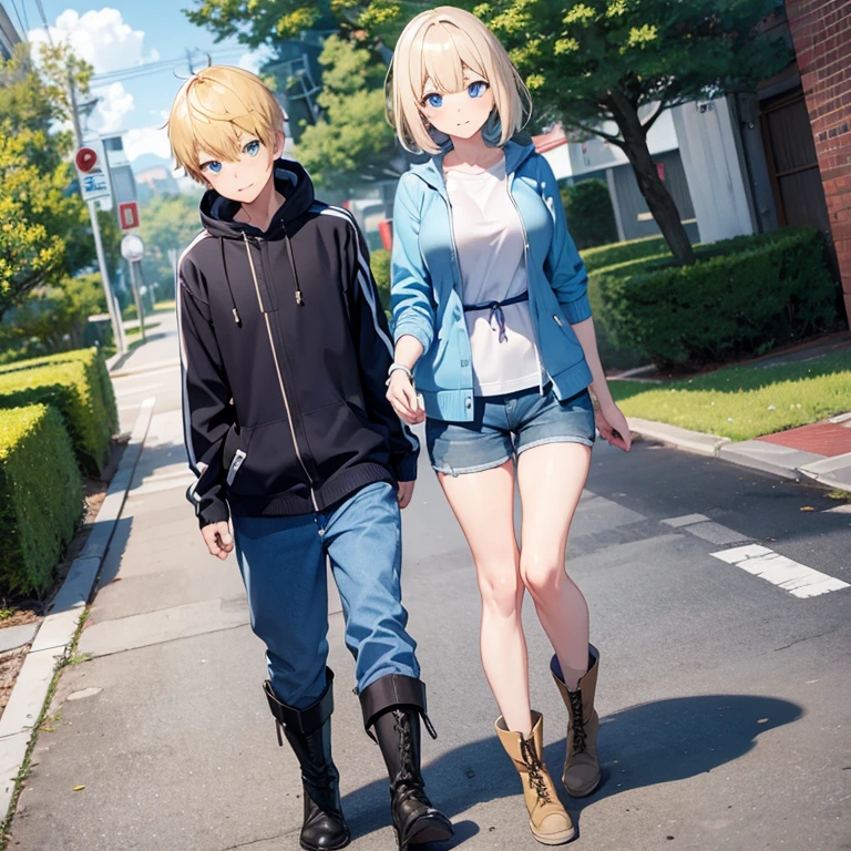 2D anime style、Blue eyes、Adults、Breasts are large、Blonde shorthair、Beautuful Women、shortpants、knit、jaket、boots、full bodyesbian、Will、Walking