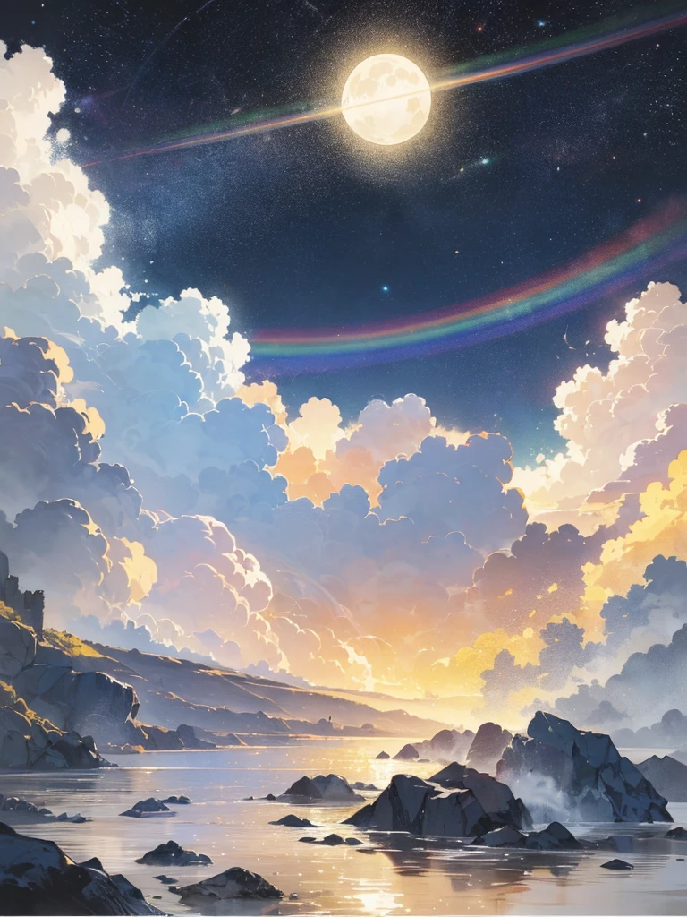 The moon is thinly covered by clouds, and the moonlight shines through the clouds in a halo-like rainbow ring. The world is enveloped in a sacred atmosphere.(Ink on Japanese paper, que tende a sangrar facilmente)(Contemporary Art as a Picture Book) (Aquarela transparente) (Light itself expressed as real) (camadas de macio, cores ricas) (ink tones dissolved finely with water) (fundo, Cores delicadas)