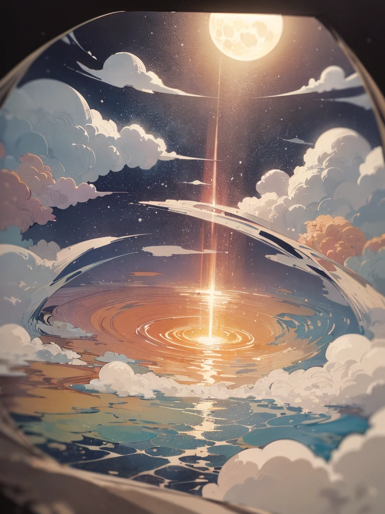 The moon is thinly covered by clouds, and the moonlight shines through the clouds in a halo-like rainbow ring. The world is enveloped in a sacred atmosphere.(Ink on Japanese paper, que tende a sangrar facilmente)(Contemporary Art as a Picture Book) (Aquarela transparente) (Light itself expressed as real) (camadas de macio, cores ricas) (ink tones dissolved finely with water) (fundo, Cores delicadas)