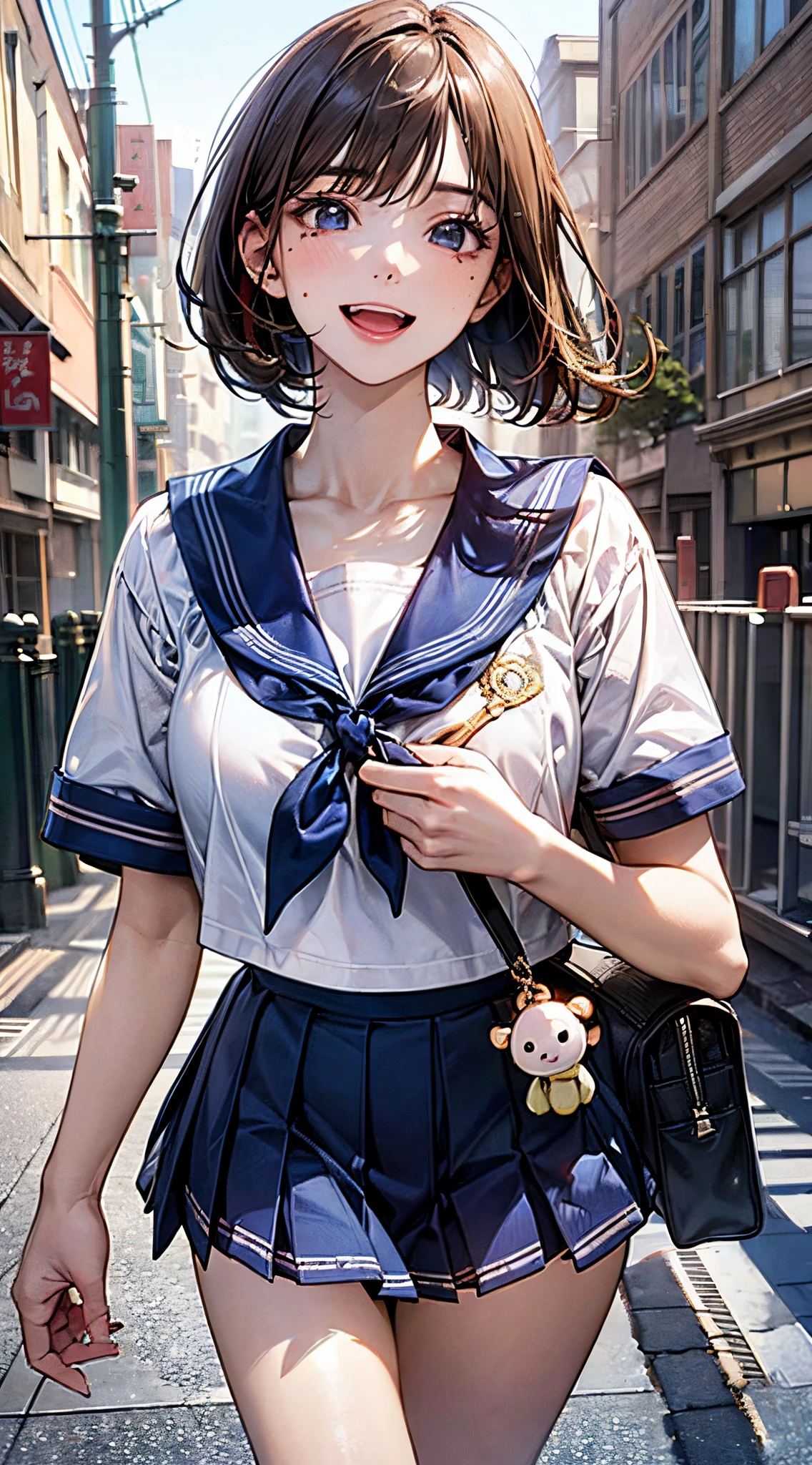 (((perfect anatomy, super detailed skin))), 1 girl, japanese, high school girl, shiny skin, large breasts:0.5, looking away, looking up, watching the view,
beautiful hair, beautiful face, beautiful detailed eyes, (short hair:1.2, bob cut:1.2), light brown hair, blue eyes,
beautiful clavicle, beautiful body, beautiful chest, beautiful thighs, beautiful legs, babyface, mole under eye,
((short sleeves, all navy cute sailor suit, navy pleated skirt, navy sailor collar, red sailor scarf, school shoes), school bag, cross necklace), seductive thighs, ,
((smile:1.5, , , open mouth)), walking, runing,
(beautiful scenery), summer, , street,
8k, top-quality, masterpiece:1.2, extremely detailed), (, photorealistic), beautiful illustration, cinematic lighting,