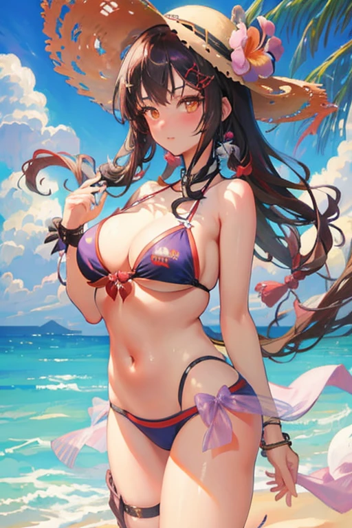 Anime girl in a bikini and straw hat on the beach, em uma praia, em uma praia, Guweiz, em uma praia, em uma praia ensolarada, em uma praia tropical, anime sedutora, em uma praia, roupa de banho, Arte no estilo de Guweiz, Guweiz em Pixiv ArtStation, anime moe artstyle