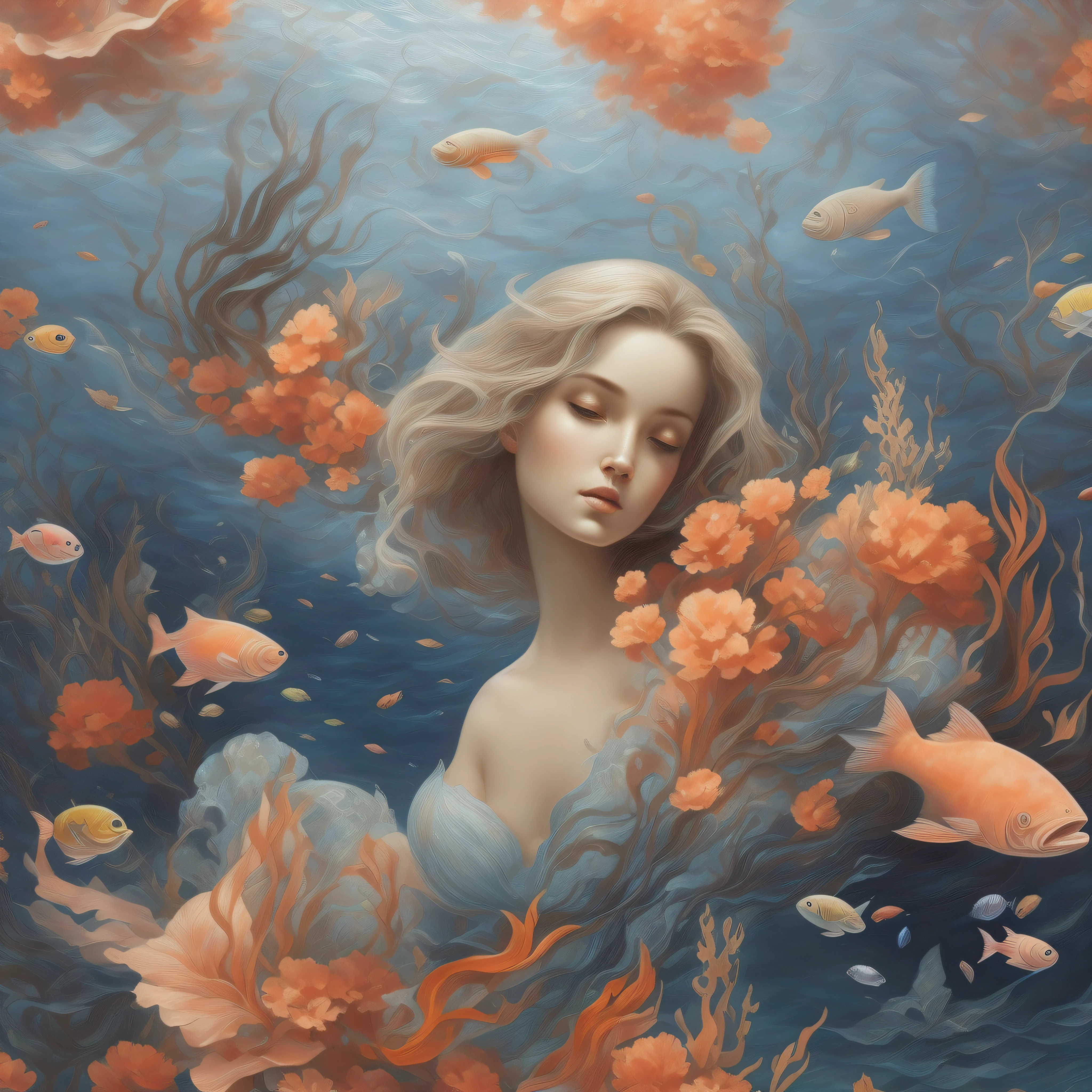 painting of a woman with a fish and corals in the water, James Jean e Wlop, karol bak uhd, Arte bonita UHD 4K, a beautiful artwork illustration, Anna Dittman, arte sonhadora, James Jean Luz Suave 4K, James Jean Luz Suave 4K, bela arte digital, Artgerm e James Jean, pintura de fantasia bonita