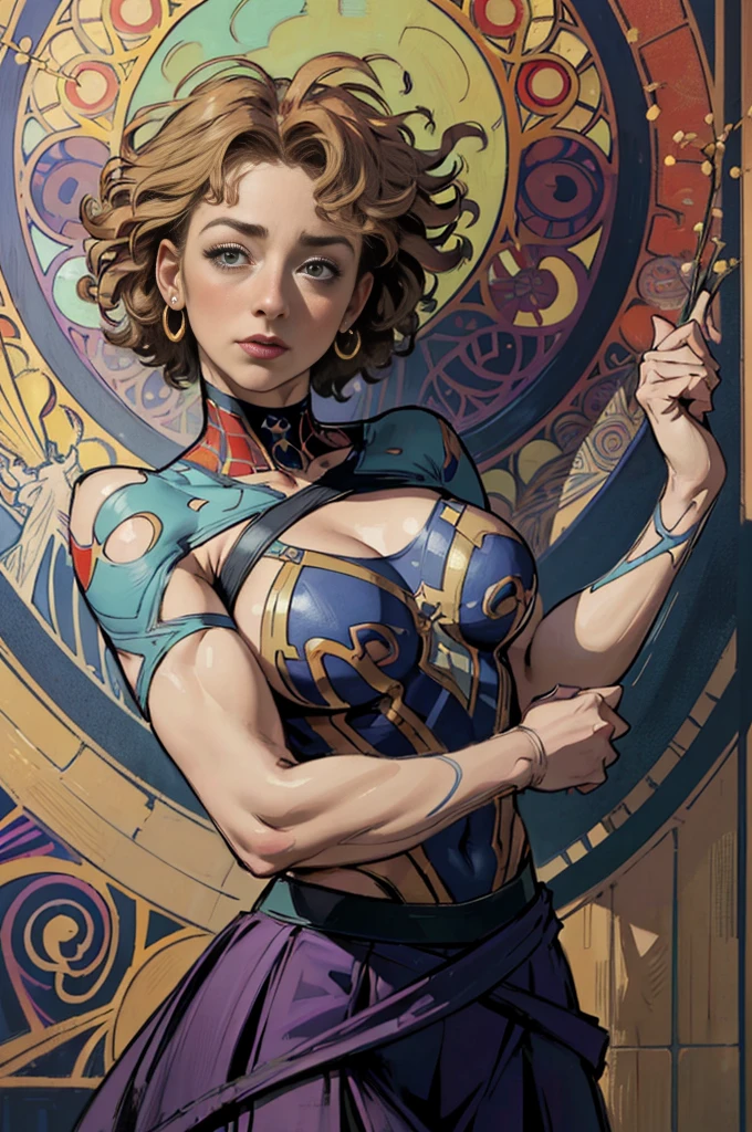 Alex Kingston、Sticking out the navel、newyork、She wears a torn Spider-Man suit,wearing skirt、abstract photorealistic、artistic、Alphonse Mucha's painting(masterpiece、top-quality、hight resolution:1.4)、detaileds、intricate-detail、4K、color splashes、line-drawing、Fibonacci、