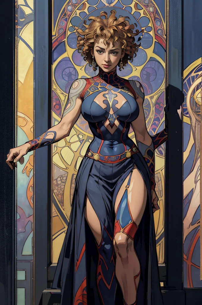 Alex Kingston、Sticking out the navel、newyork、She wears a torn Spider-Man suit,wearing skirt、abstract photorealistic、artistic、Alphonse Mucha's painting(masterpiece、top-quality、hight resolution:1.4)、detaileds、intricate-detail、4K、color splashes、line-drawing、Fibonacci、