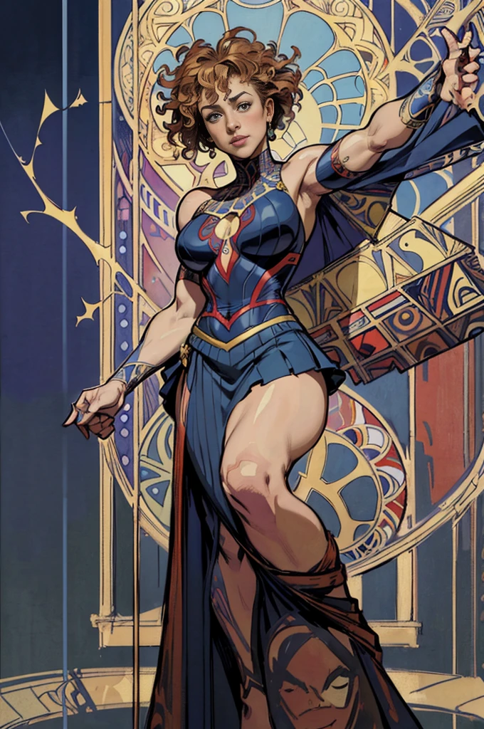 Alex Kingston、Sticking out the navel、newyork、She wears a torn Spider-Man suit,wearing skirt、abstract photorealistic、artistic、Alphonse Mucha's painting(masterpiece、top-quality、hight resolution:1.4)、detaileds、intricate-detail、4K、color splashes、line-drawing、Fibonacci、