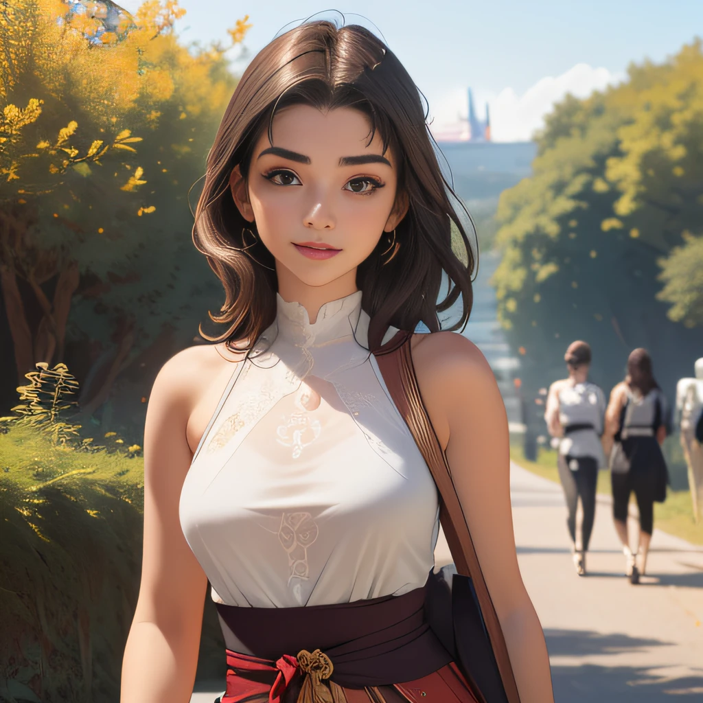 (Extremely detailed 8k wallpaper:2), (photo:2), (24 years old soigne Beautiful girl:2), (gives a lecture to friends:2), detailed (Face and eyes), (hyper realistic:1), (highly detailed:1), (epic realistic:1), rim light, (maximum details:1), cozy, (fullbody:1.3), (looking at viewer:2.0), (Woman's Attractive Qualities:2), (Attractive Woman:2), (Attractive:2), Smile, Intelligence, Empathy, Gracefulness, Sense of Style, Fitness, Grooming, Optimism, (Sensitivity:2), Sincerity, Romantic Gestures, Playfulness, Fashion Sense, (Sensuality:2), Charm, Modesty, Thoughtfulness, (Femininity:1), Flirtatiousness, Warmth, (Physical attractiveness:2), A beautiful smile, A love of life, strength and power, vulnerability, curiosity, wonder, love, (nature background:2), kawaii, waifu, Beautiful breasts, (attractive body:2), (Beautiful body:2), Beautiful pose, attractive pose, (Beautiful legs:1.0), (Beautiful clothes:1), (classic clothes:2), (elegant clothes:2), (European clothes:2), detailed clothes, (skirt:1), (blouse:1), (provocative pose)